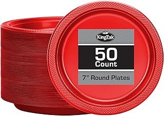 Hanna K. Signature Red Plastic Party Plates, 7-Inch Heavy Duty Disposable Plates, 50 Count, Party Supplies for Appetizers, Cake & Dessert