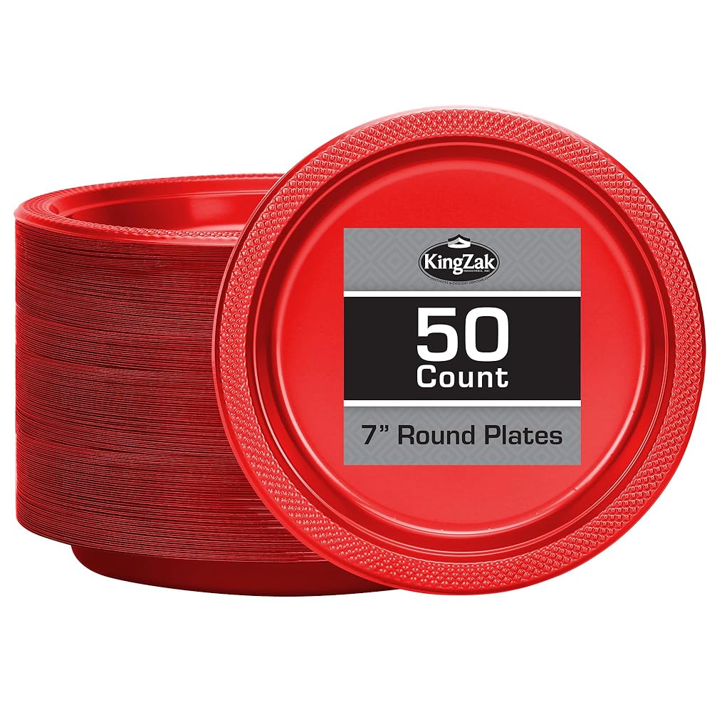 Hanna K. Signature Red Plastic Party Plates, 7-Inch Heavy Duty Disposable Plates, 50 Count, Party Supplies for Appetizers, Cake & Dessert