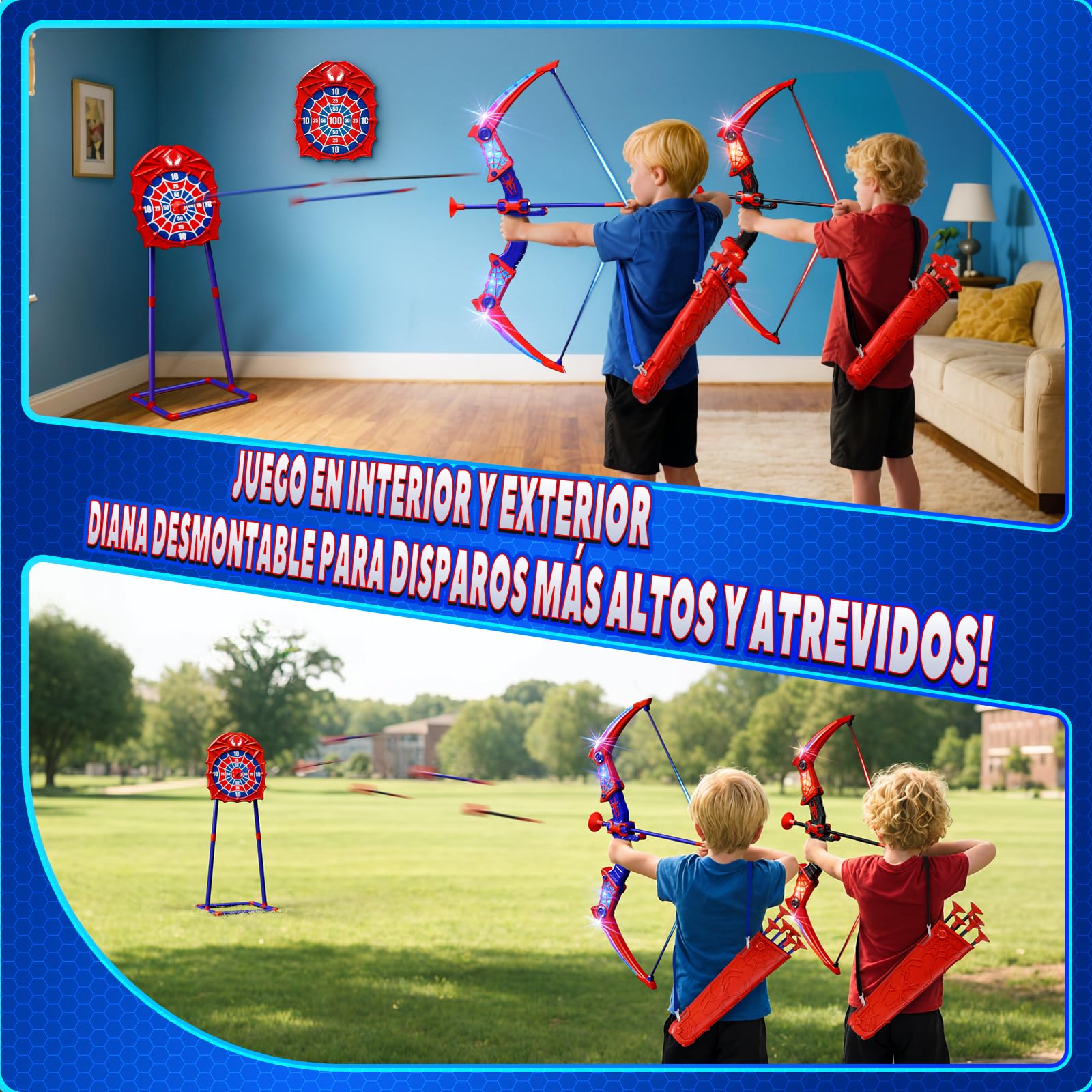 Kidluna Juguetes Niños 3 4 5 6 7 8 9 10 Años, 2 ArcoFlecha con Luces LED Rojas & Azules, 2 Carcaj, Diana Telaraña, Juegos Exterior Niños 3-10, Regalos Cumpleaños para Niños de 3-12 Años