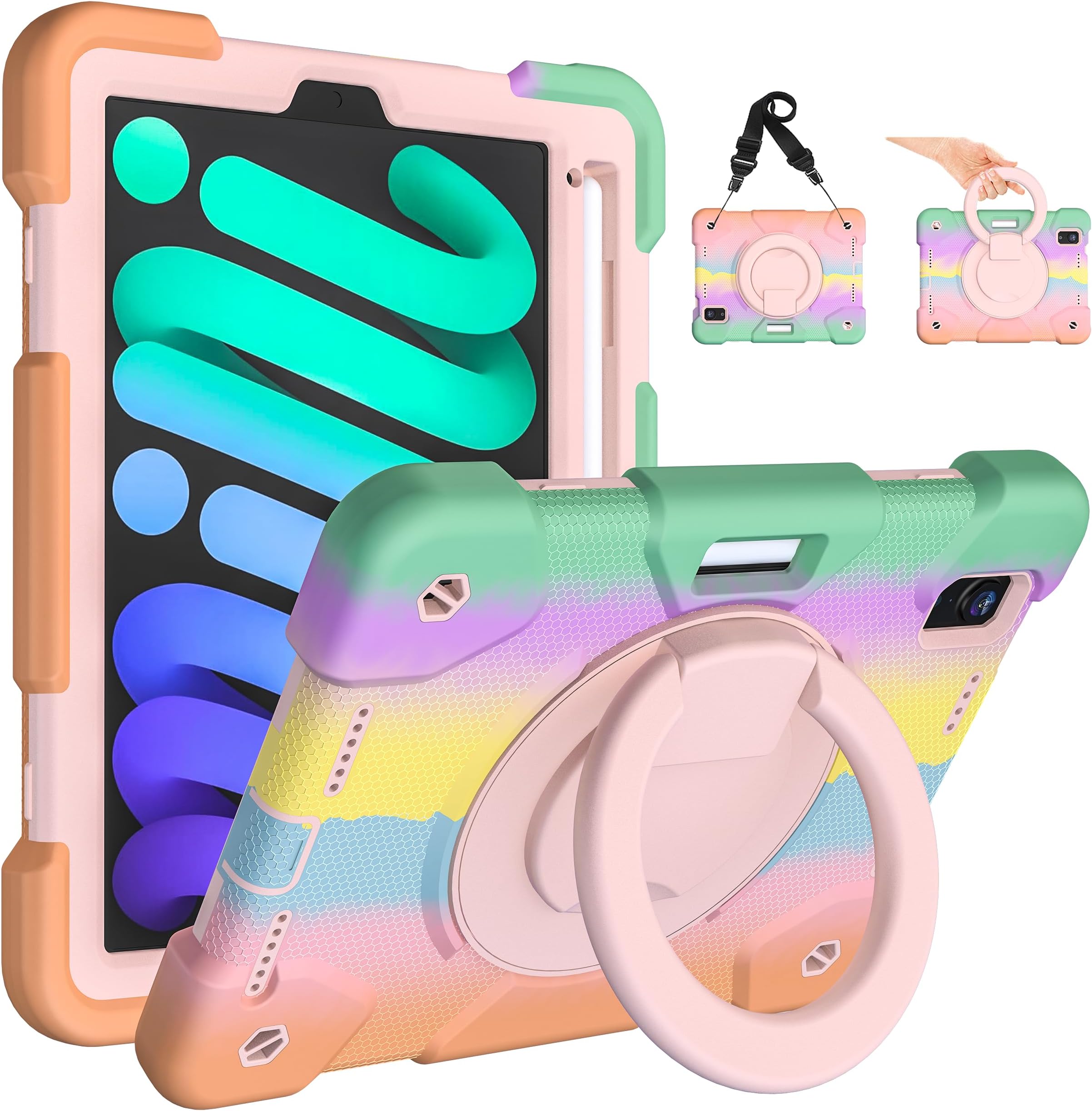 Andnary Case for 2024 iPad mini 7 A17 Pro/2021 Mini 6 8.3 Inch Case with Built-in Pencil Holder/360° Rotating Handle Stand, Drop-Proof Cover for iPad mini 7th/6th Generation 8.3" (Colorful Pink)