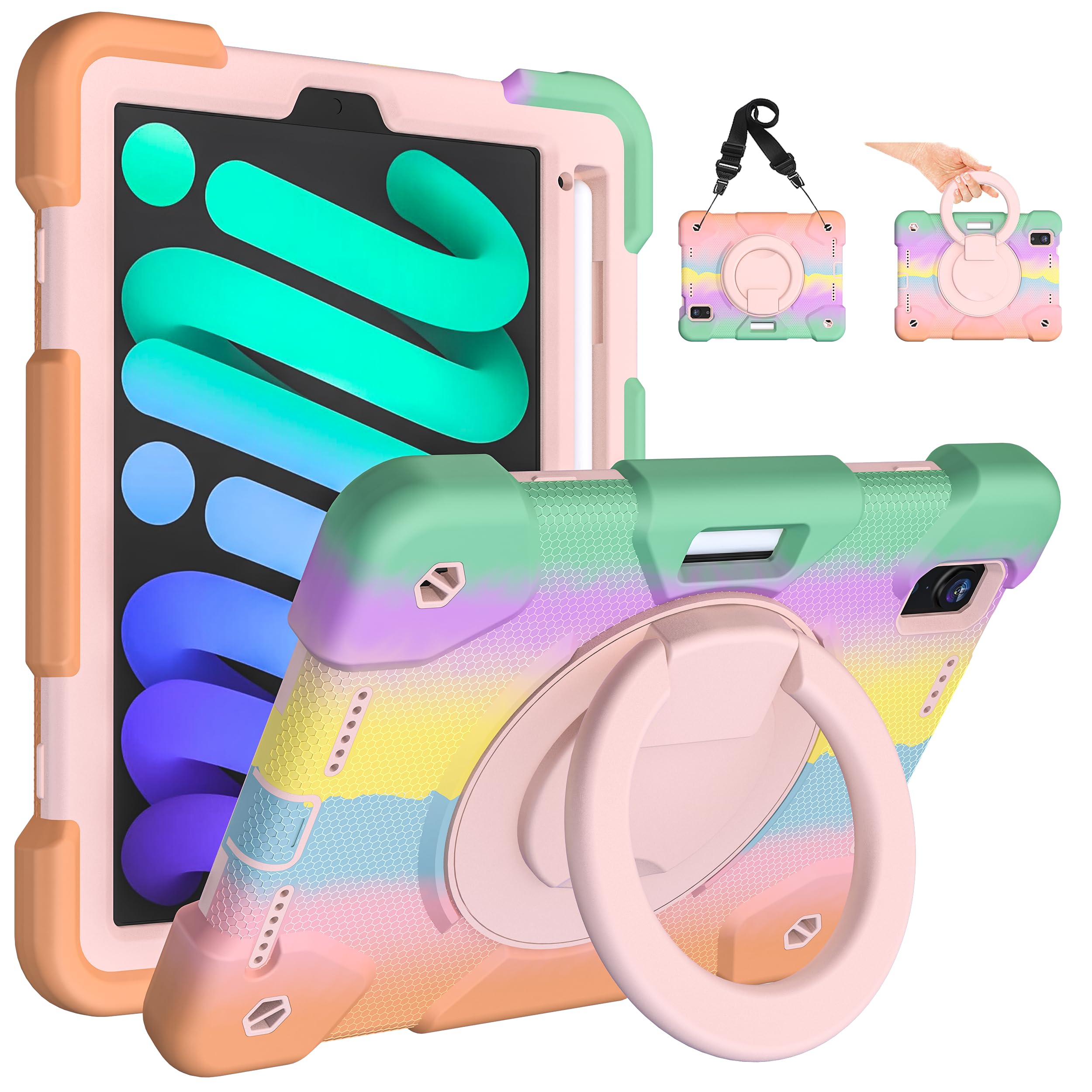 Andnary Case for 2024 iPad Mini 7 A17 Pro/2021 Mini 6 8.3 Inch Case with Built-in Pencil Holder/360° Rotating Handle Stand, Drop-Proof Cover for iPad Mini 7th/6th Generation 8.3", Colorful Pink