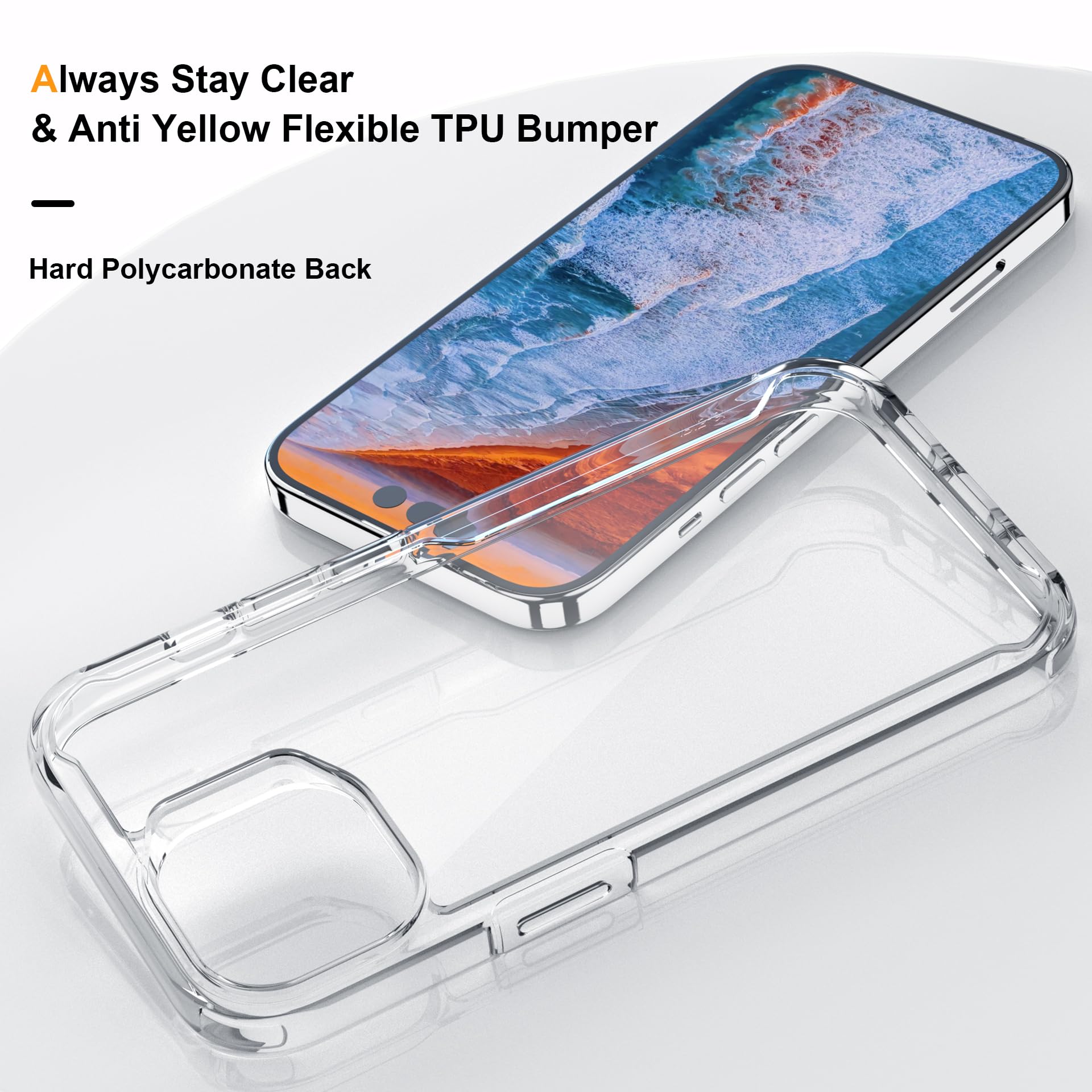 ORETECH Cover per iPhone 15, Custodia iPhone 15(6.1 Pollici), 2 Pezzi Pellicola Protettiva in Vetro Temperato & 1 Pellicola Fotocamera Antiurto Ultra Sottile Hard PC Silicone Cover - Trasparente
