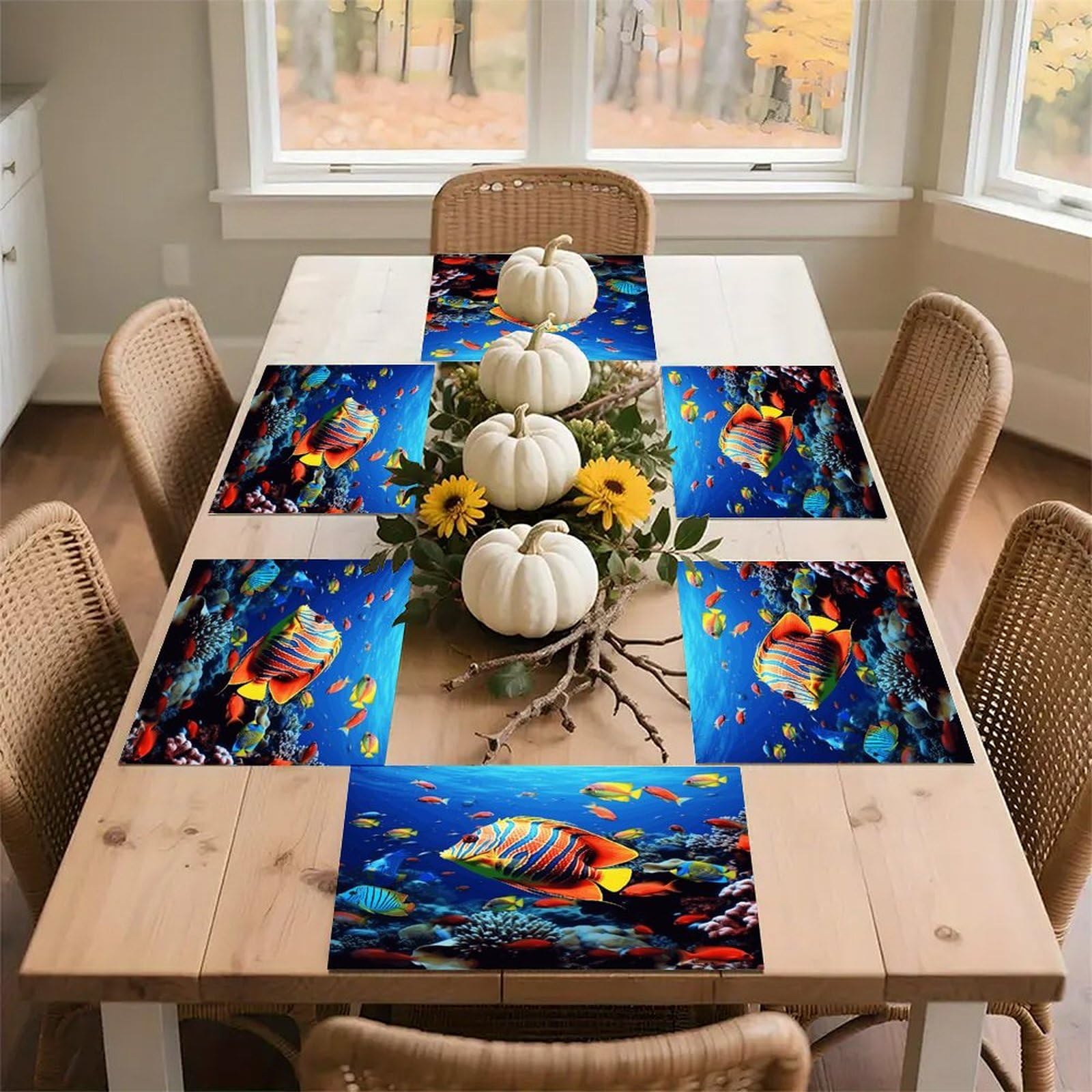 Sea Fishes Placemats Heat-Resistant Washable Place Mats Anti Slip Dining Table Place Mats Wipeable Dining Table Mats Kitchen Decoration Placemats 17.7’’×11.8’’