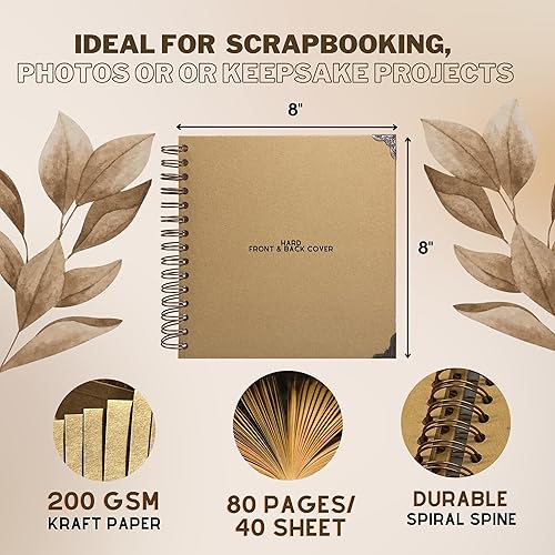 Miniatura 2 de Performore Álbum de recortes de papel kraft de 8 x 8 pulgadas, encuadernado en espiral con esquinas de metal, 80 páginas en blanco, alambre de