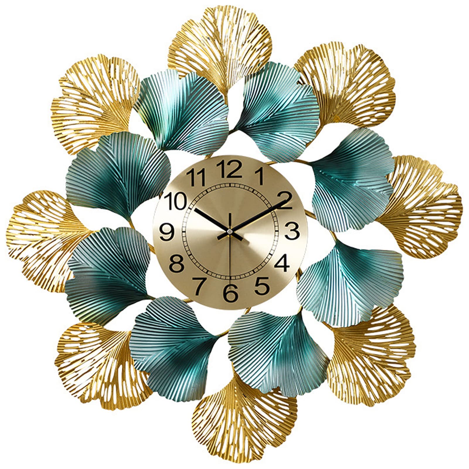 SaryEdge Wall Clock Large Metal Wall Clock, 3D Ginkgo Leaf Metal Wall Art Decoration No Ticking Silent Wall Clock Modern Minimalist Style Decoration,