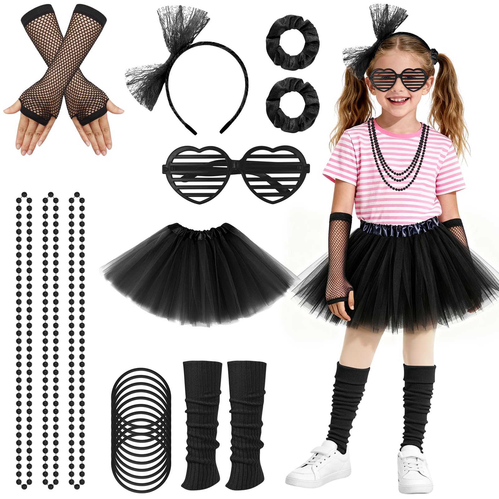 BSBUY 80s Fancy Dress Costume for Kids 20 Pcs 1980s Costume for Girls Neon Costume Fancy Dress Outfit Dress Up with Tutu Skirt Fishnet Gloves Leg Warmers Glasses Bracelets Necklaces Headband(Black)