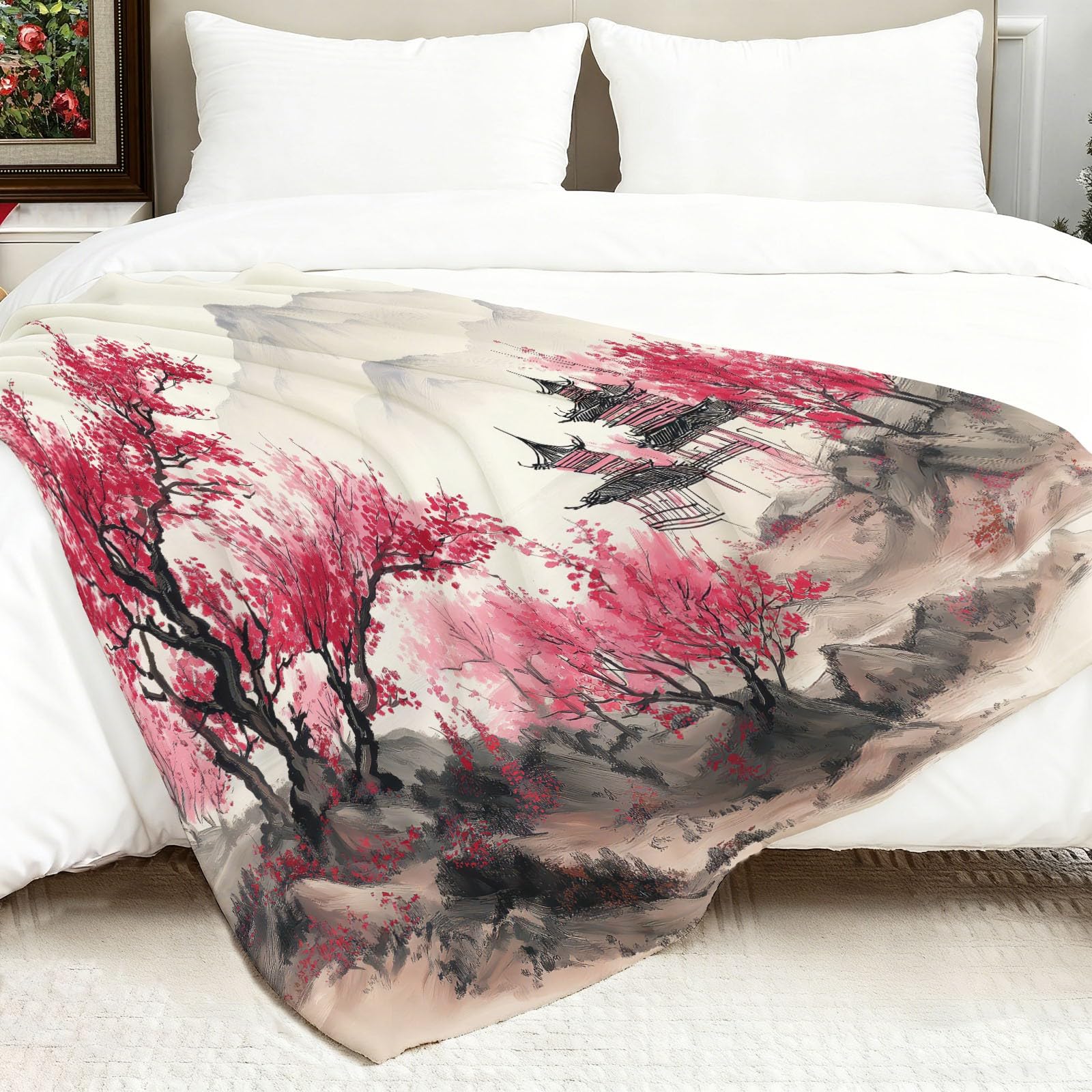 Peinture À L’Encre Chinoise Couverture Plaid Polaire Chaude 180 x 200 cm Montagnes Pagode Fleurs De Cerisier Couverture Imprimée pour Canapé Sofa Lit Voyager - Beige Plaid en Flanelle Doux Convient