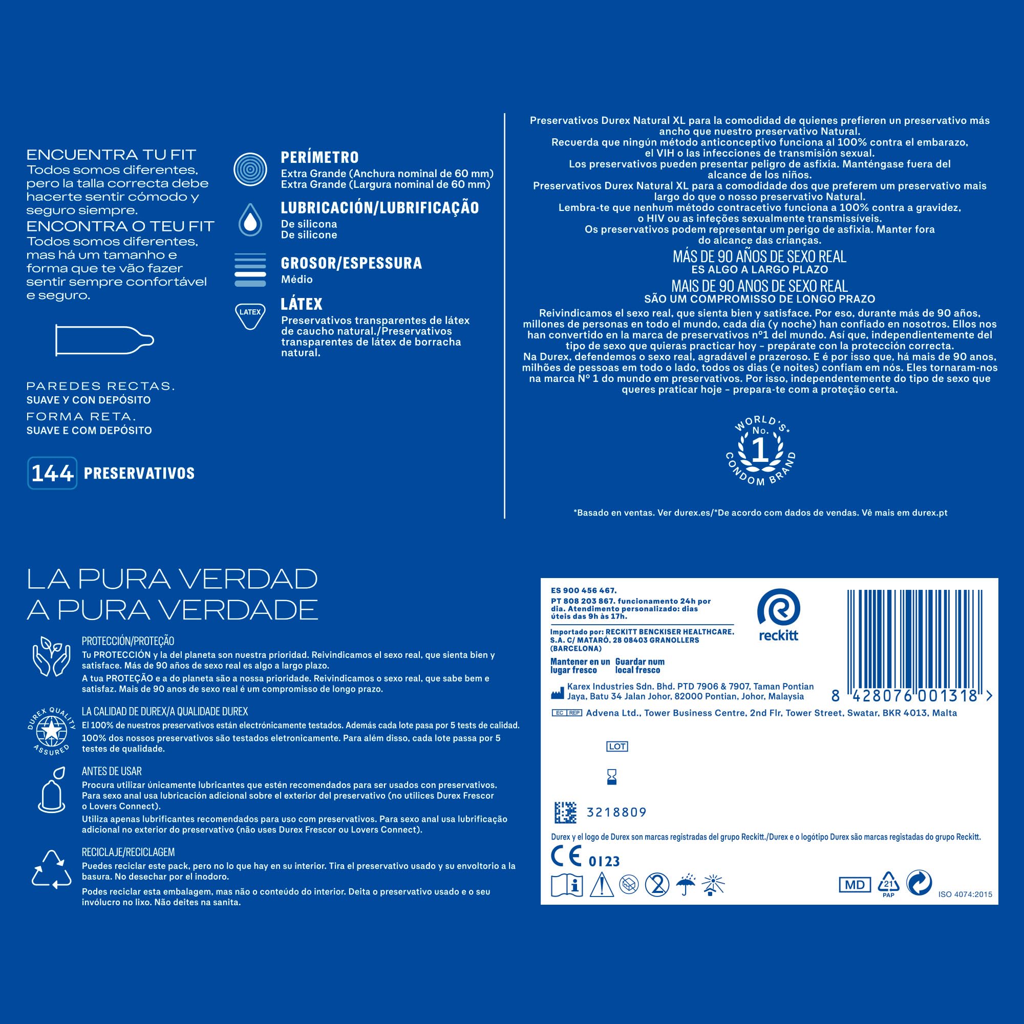 Durex Preservativos Natural XL, para Confort y Seguridad, 144 condones XL Extra Grandes