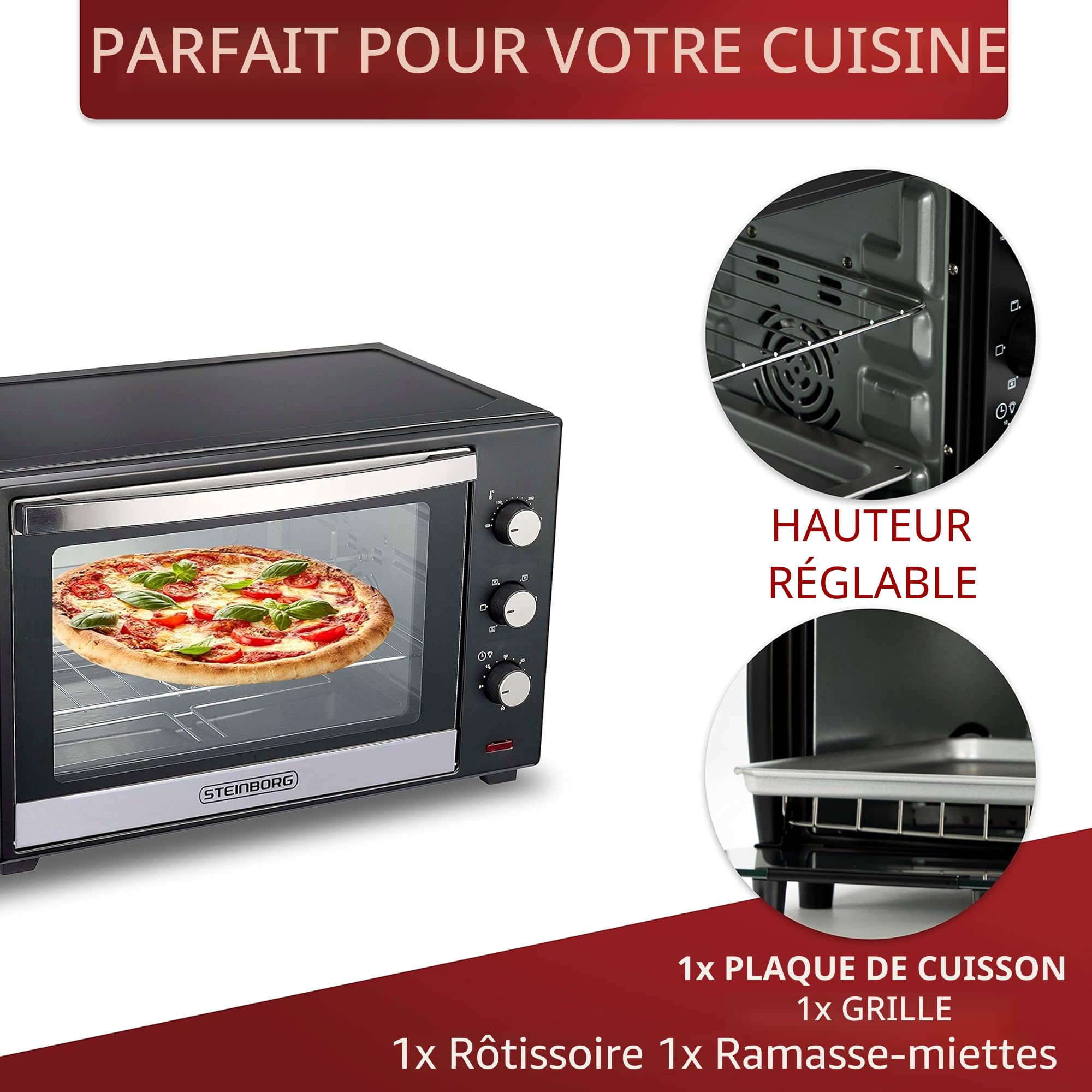 Steinborg Mini Four 60 Litres à Chaleur Tournante | Four à Pizza | Four Autonome