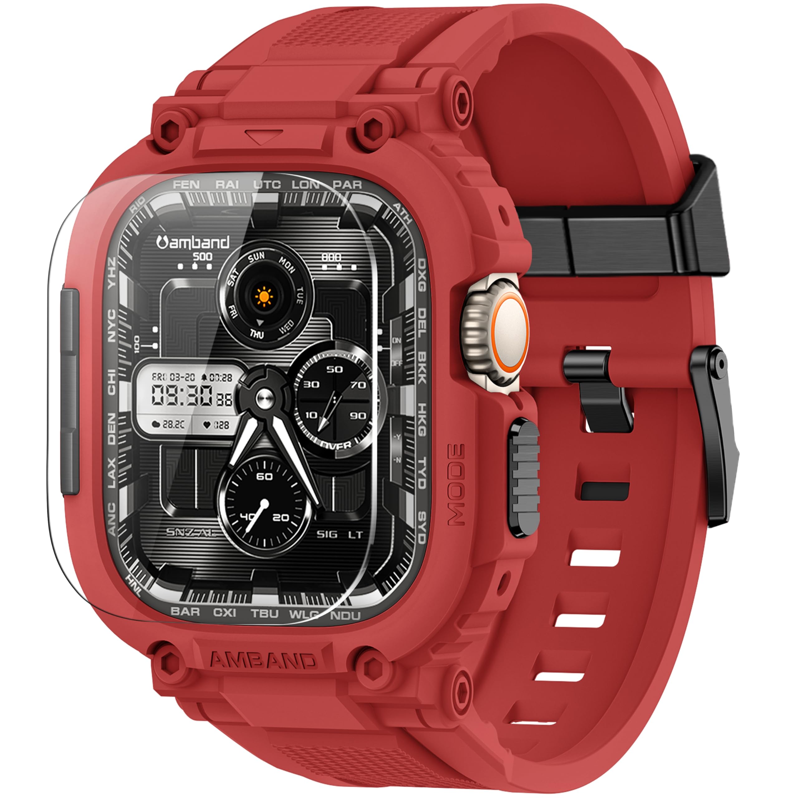amBand Bands Case Screen Protector Compatible with Apple Watch Ultra 3/2/1 49mm, M1 Sport Series Rugged Cover Strap and 9H Tempered Glass Film, Protective Bumper for iWatch 49 mm Men - Mars Red