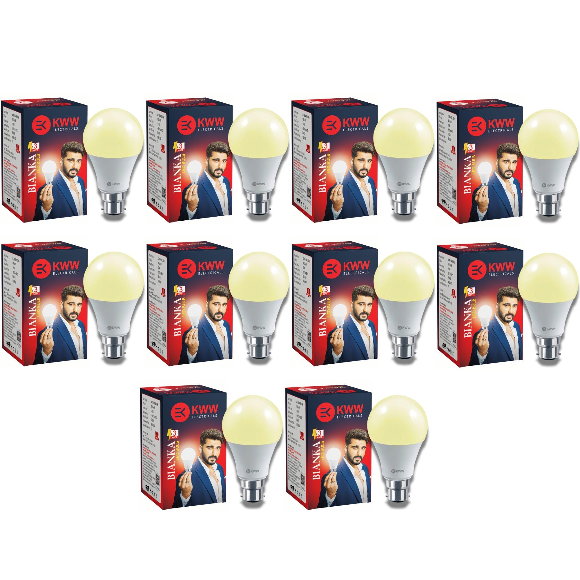 KWW 3W B22 Warm White (Yellow) LED Bulb, Pack of 10 | Energy-Efficient Lighting | Low Power Consumption | Low Electricity Bill | Bulb for Home, Kitchen, Bathroom, Washroom, Office