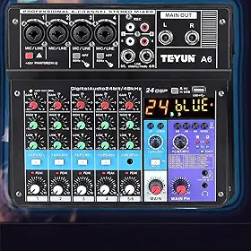 TE-YUN Mesa de Som Profissional 6 Canais | Mixer de Áudio com Bluetooth 5.0, USB, Entrada FX e 48V Phantom Power | Compatível com PC, Microfone, Instrumentos, Estúdio