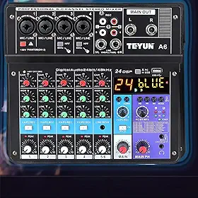 TE-YUN Mesa de Som Profissional 6 Canais | Mixer de Áudio com Bluetooth 5.0, USB, Entrada FX e 48V Phantom Power | Compatível com PC, Microfone, Instrumentos, Estúdio
