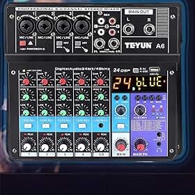 TE-YUN Mesa de Som Profissional 6 Canais | Mixer de Áudio com Bluetooth 5.0, USB, Entrada FX e 48V Phantom Power | Compatível com PC, Microfone, Instrumentos, Estúdio
