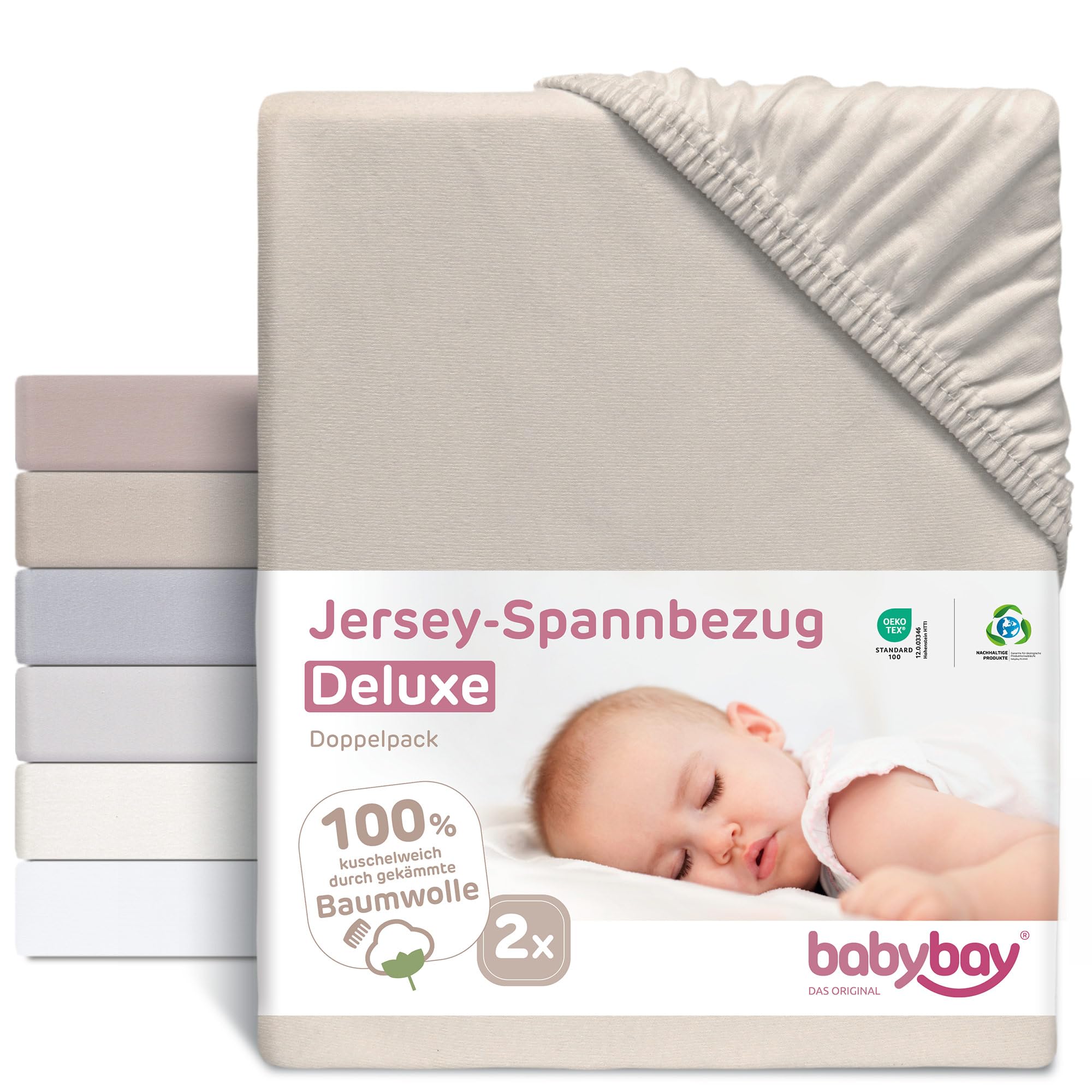 babybay Jersey Fitted Sheet Deluxe Double Pack Fits Boxspring XXL Beige 105 x 57.5 cm (Twin Pack)