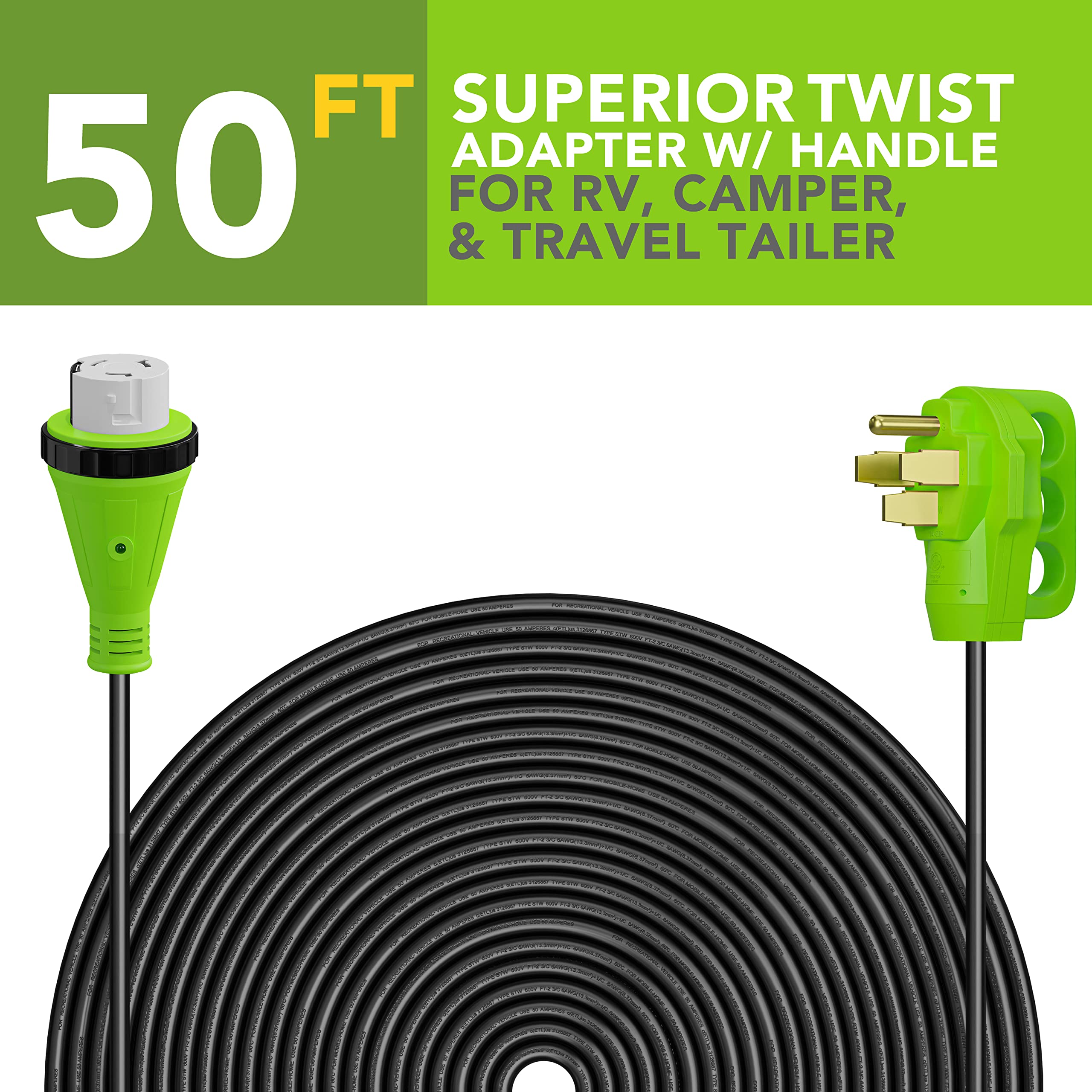 Leisure Cords 50' Power/Extension Cord with 50 AMP Male Standard / 50 AMP Female Locking Adapter (50 Amp - 50 Foot)