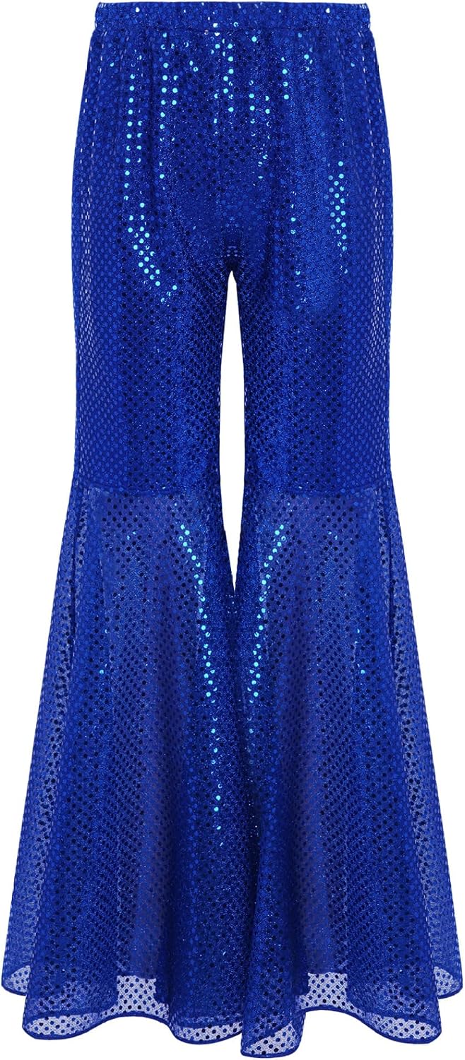 Kids Girls Sequin Flare Pants Sparkly Disco Bell Bottom Shiny Glitter Elastic Waist Jazz Dance Trousers