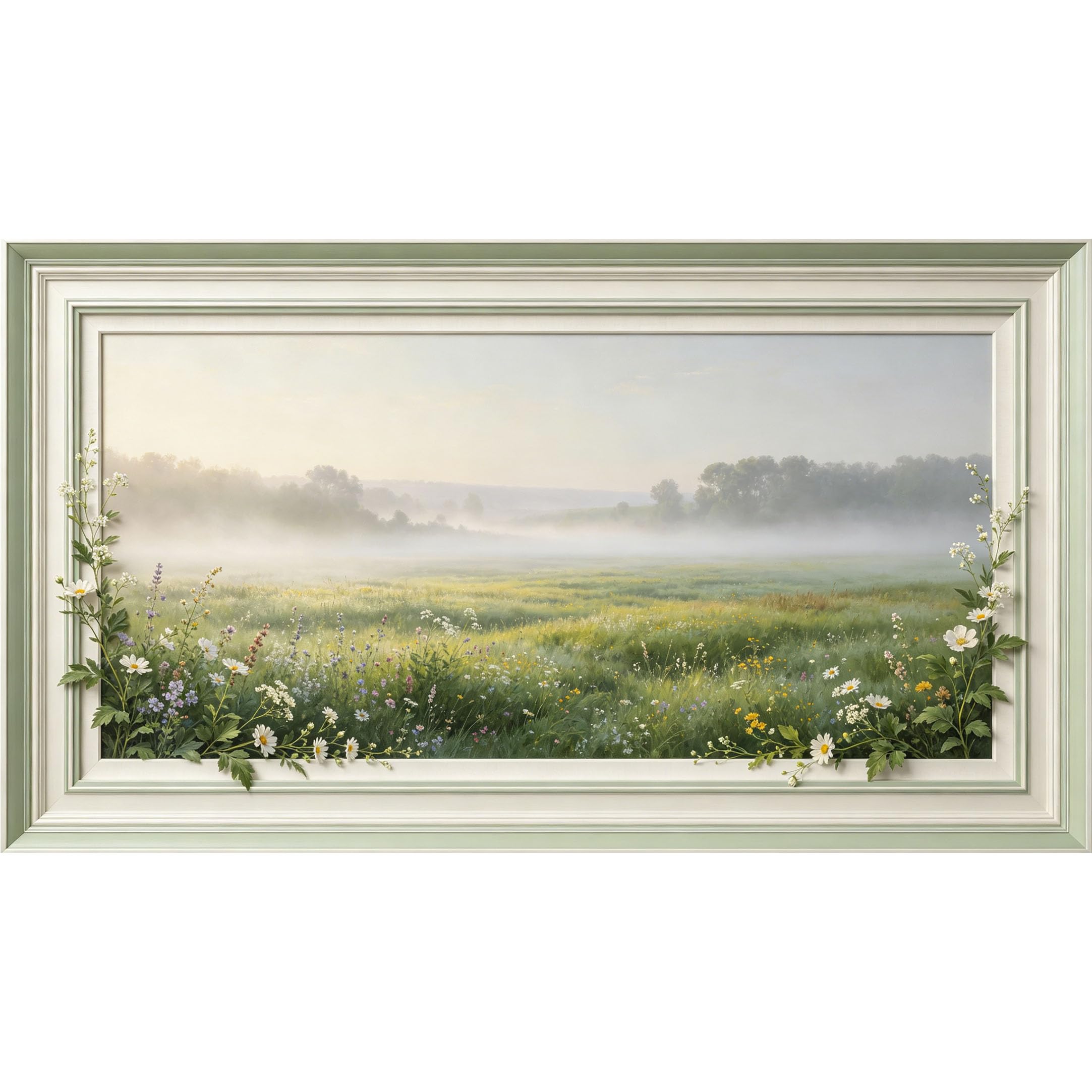 QZLITHOTIC 50x90cm3D Framed Wall Art， Misty Meadow Landscape Botanical Self‑Adhesive Mural， Water‑Activated Peel & Stick Fabric Decor Wall Decal for Bedroom Living Room