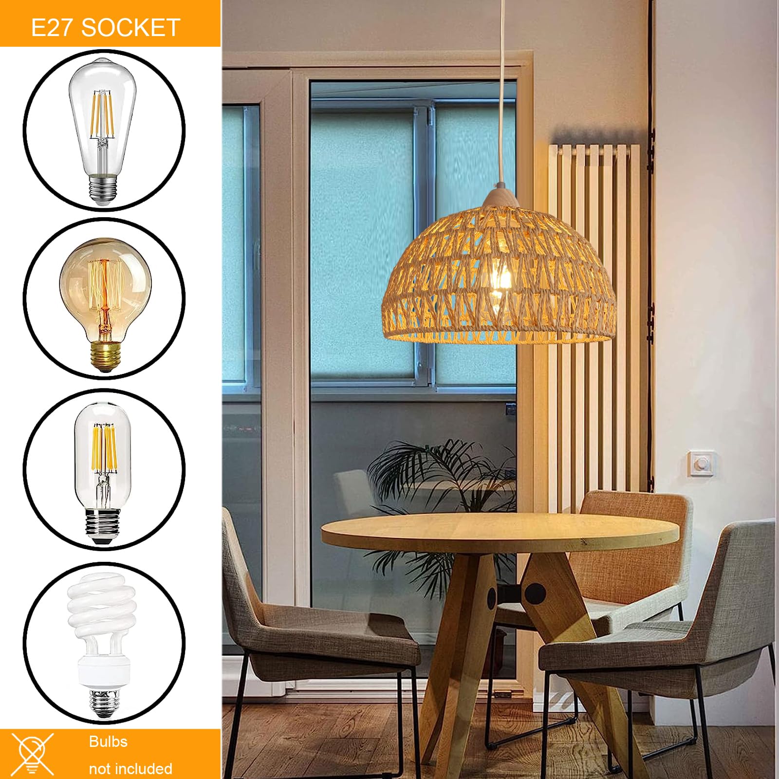 2 Stücke Pendelleuchte Rattan, Boho Vintage Hängelampe, Rustikal Retro Hängeleuchte Geflochten Esstisch Pendellampe E27 Esszimmerlampe Hängend für Esszimmer Wohnzimmer Esszimmer Flur Küche Ø 30cm