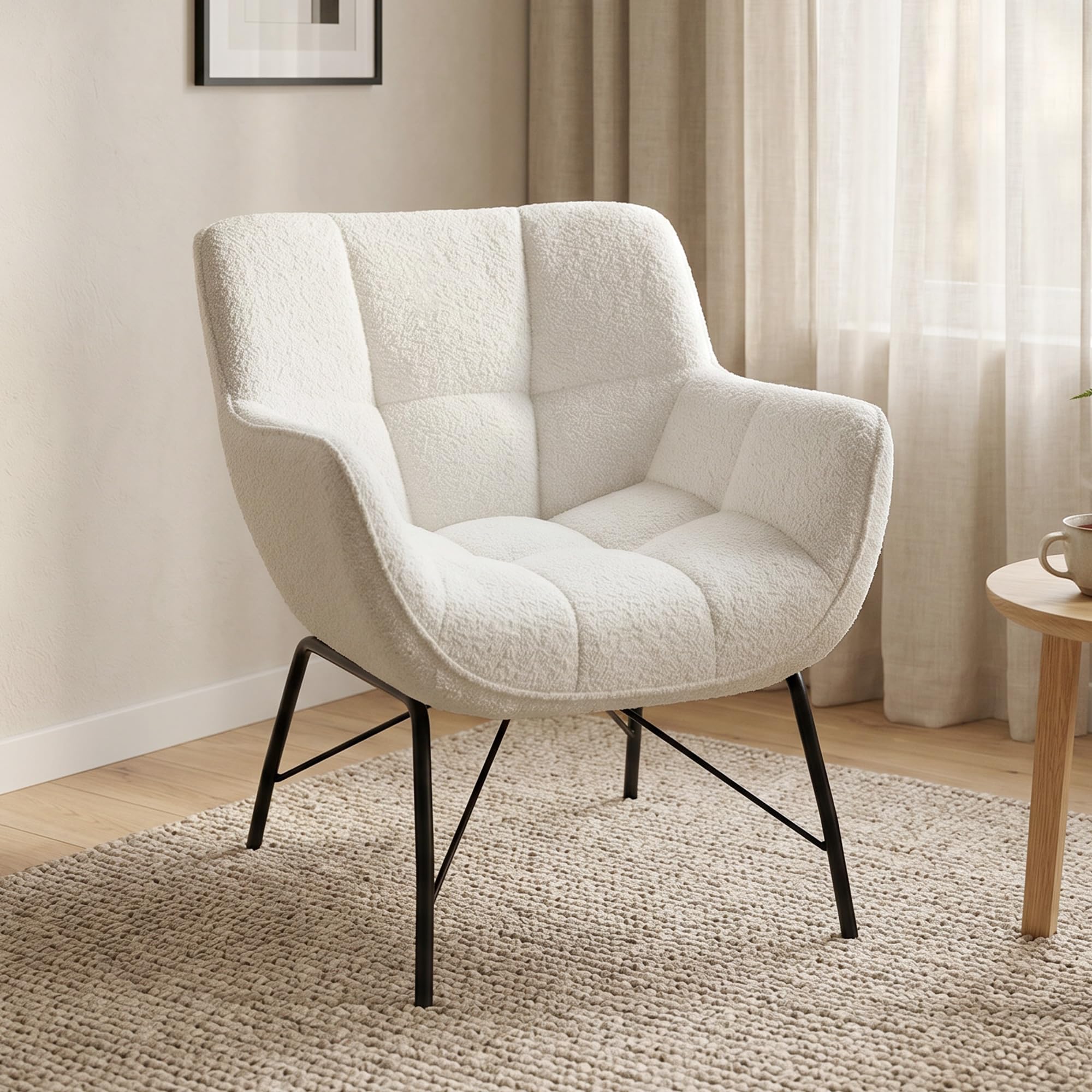 HOMCOM Loungesessel Wohnzimmer Sessel mit Sherpa-Fleece-Optik Cremeweiß | Moderner Lesesessel, Armlehnen, Gebogener Rückenlehne, Stahlbeinen, Bequemer Relaxsessel, Polsterstuhl für Schlafzimmer