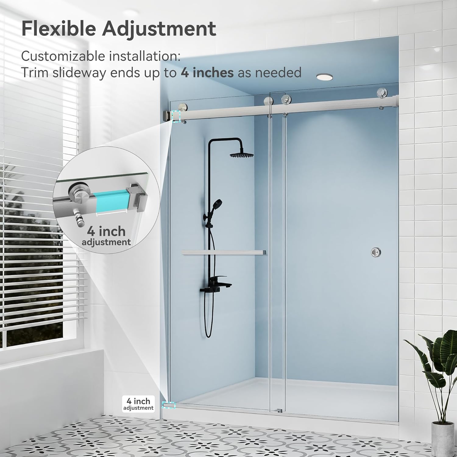 Frameless Double Sliding Shower Door, 63"-67" W x 76" H, 3/8" (10mm) ANSI Clear Tempered Glass, 304 Stainless Steel Hardware, Modern Frameless Glass Shower DoorOne Towel Rack, One Finger Slide Nickel