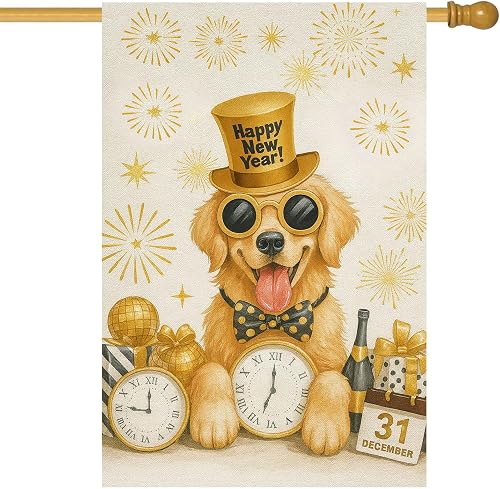 HOMETITUTE Happy New Year House Flag 28x40 Inch Double Sided Garden Flag Dog wit