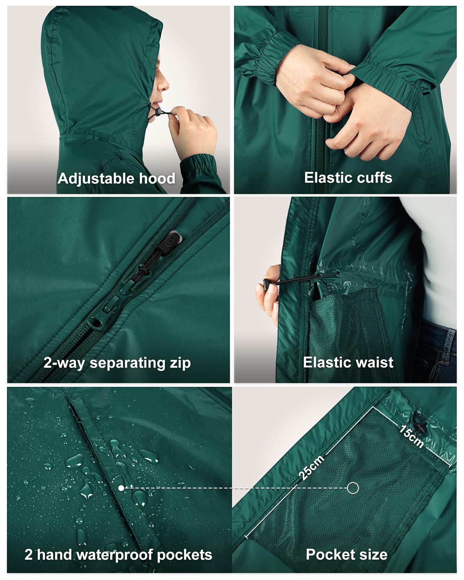 33,000ft Vêtement de pluie imperméable, poncho de pluie léger et respirant coupe-vent à capuche, fine pliable longue manteaux imperméables femme