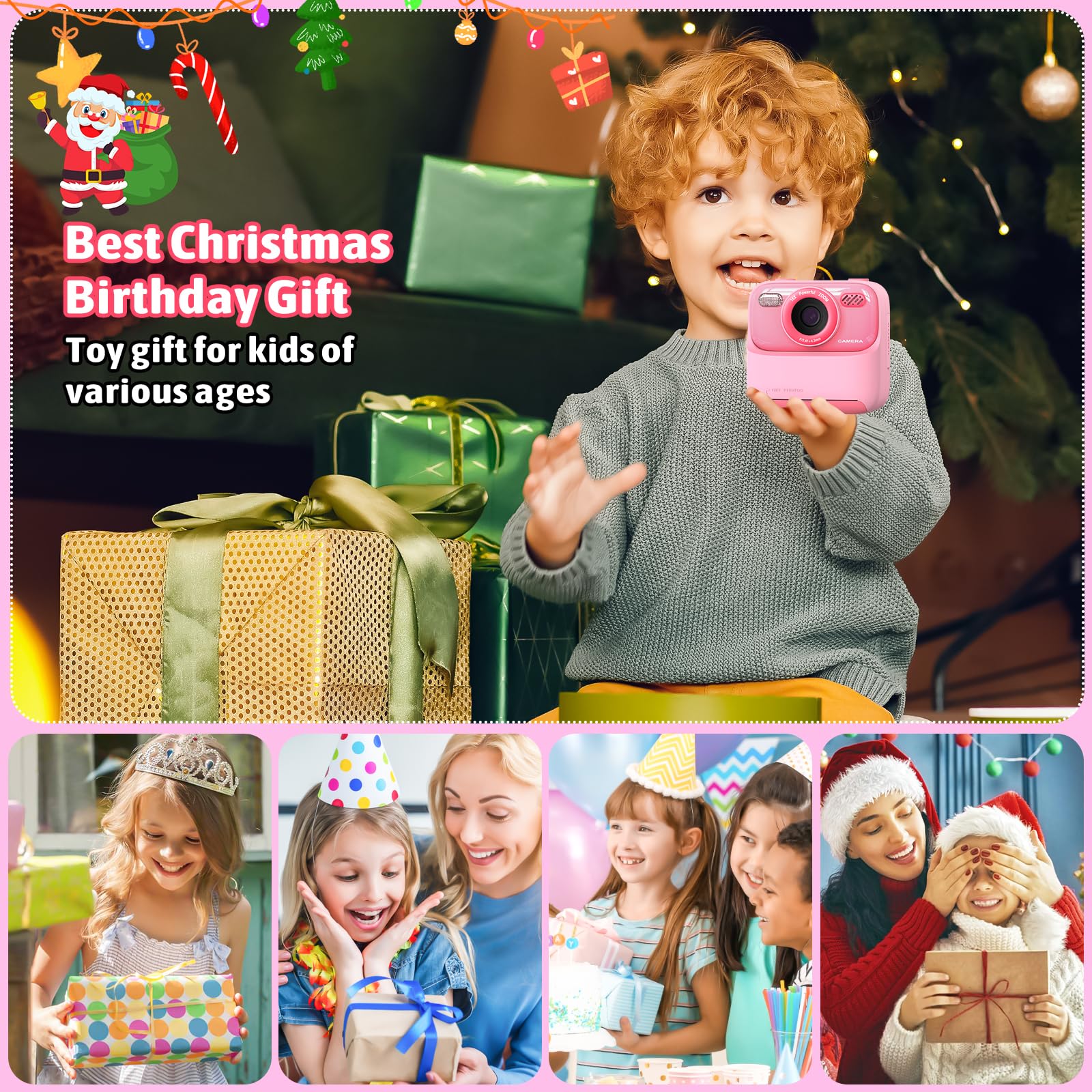 Sofortbildkamera Kinder, Digitalkamera für Mädchen Jungen, 1080P Kinderkamera Sofortbildkamera, Spielzeug | Geschenke für Kinder Alter 3-14 Jahre, mit 3Rollen Druck Fotopapier & 32GB Karte, Pink