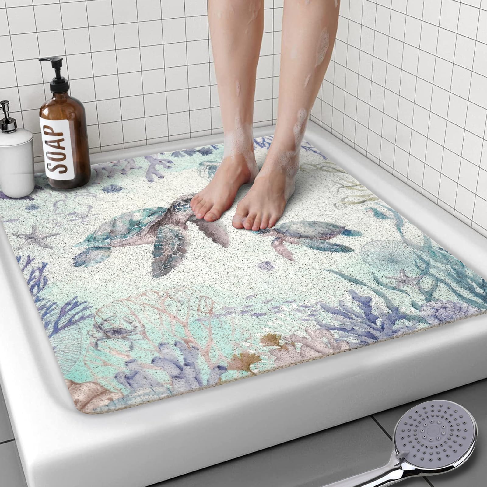 Square Shower Mat, 24 x 24 Inch Non Slip Turtle Shower Stall Mat, Quick-Dry PVC Loofah Bath Mat for Shower Tub Bathroom