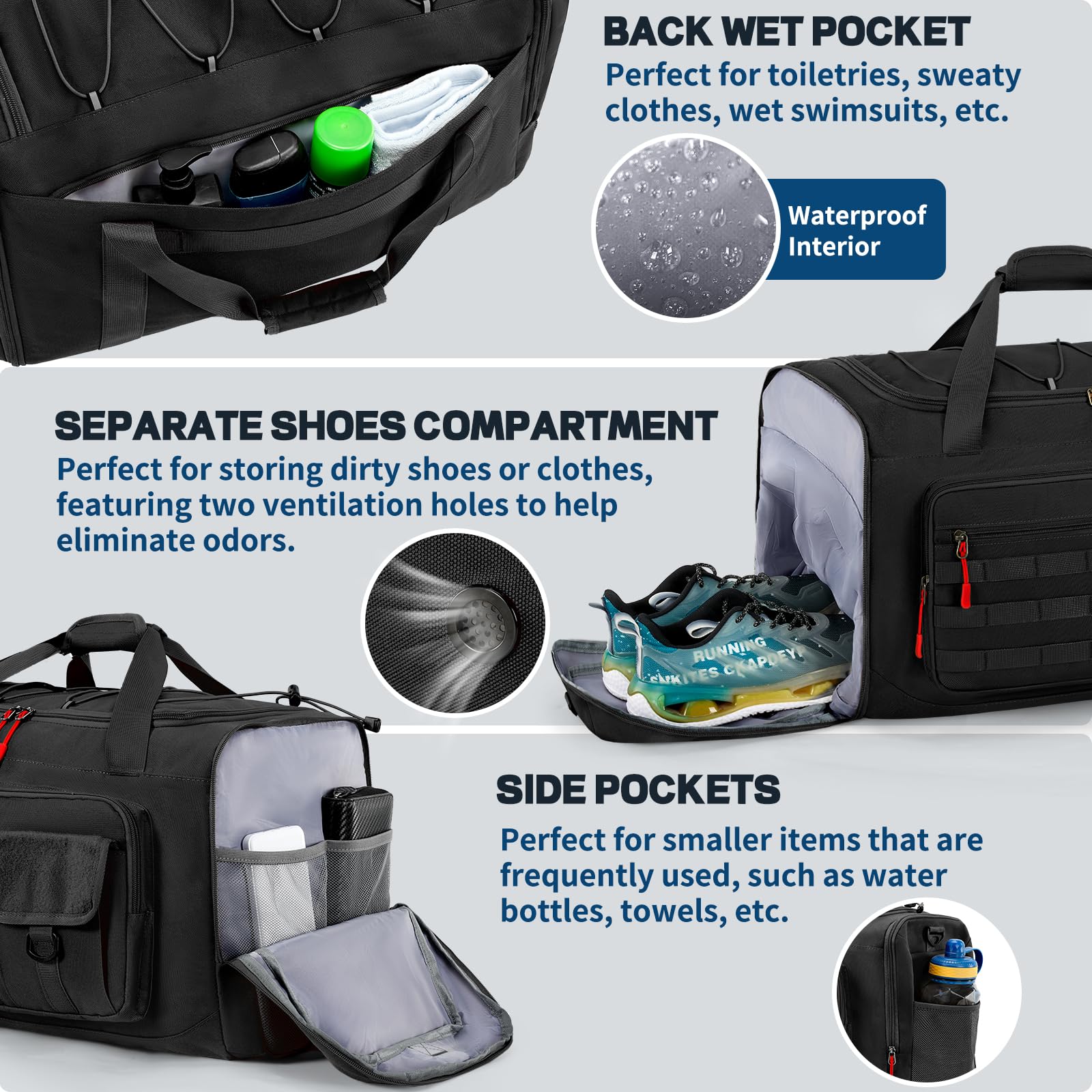 Rainsmore Gym Bags for Men with Shoe Compartment and Wet Pocket, Durable Duffle Bag for Men 40L Carry On Large Capacity Sac De Sport Travel Bag for Camping Training Swimming Sports,Black - 4