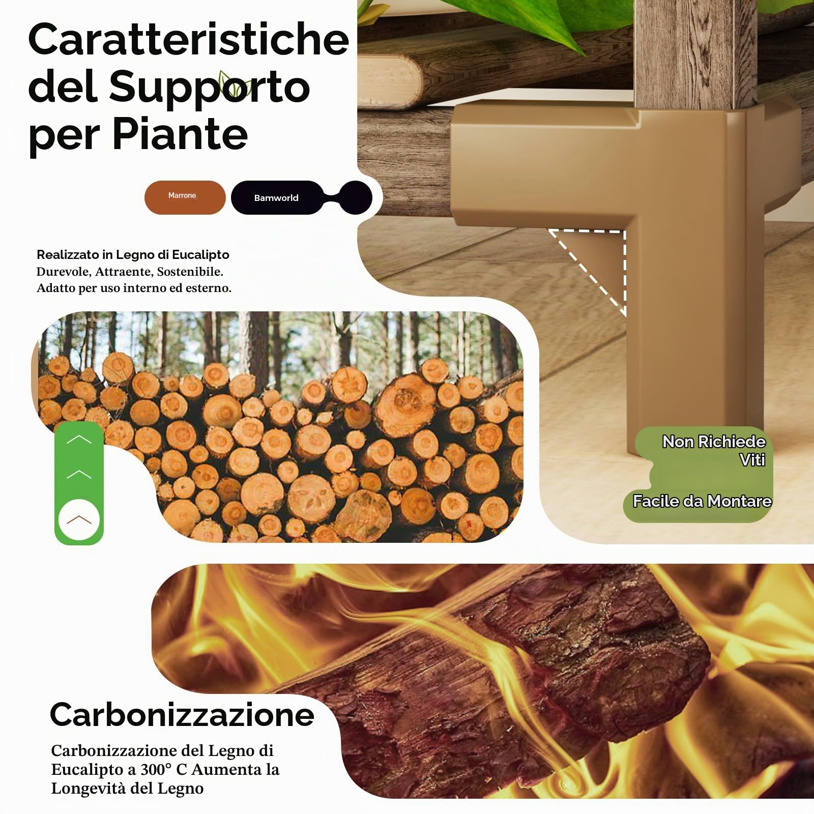 Bamworld Set di 4 supporti per piante da interni ed esterni, per soggiorno, balcone, giardino