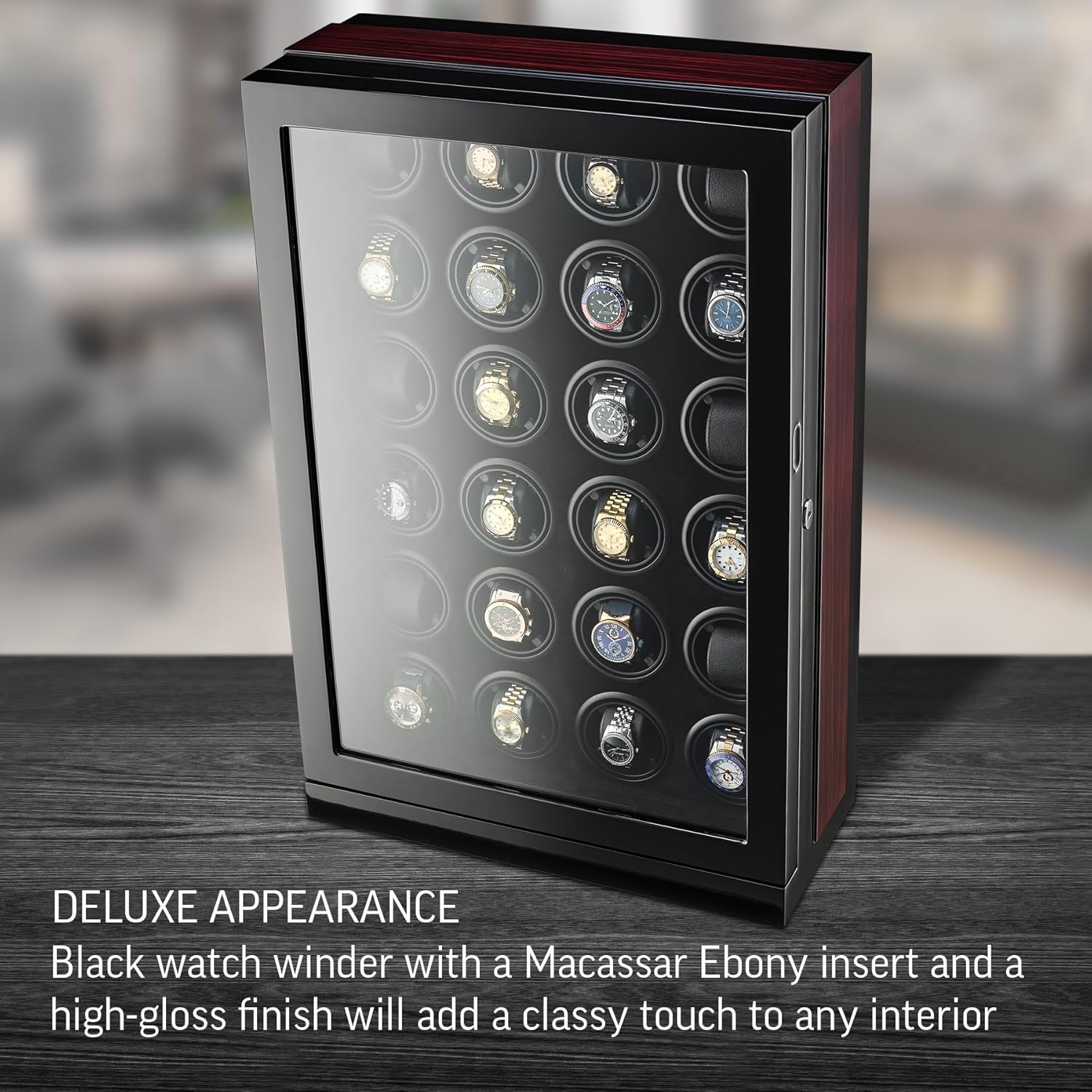 24 Watch Winder with Interior Light, Motor Stop Option and LCD Display