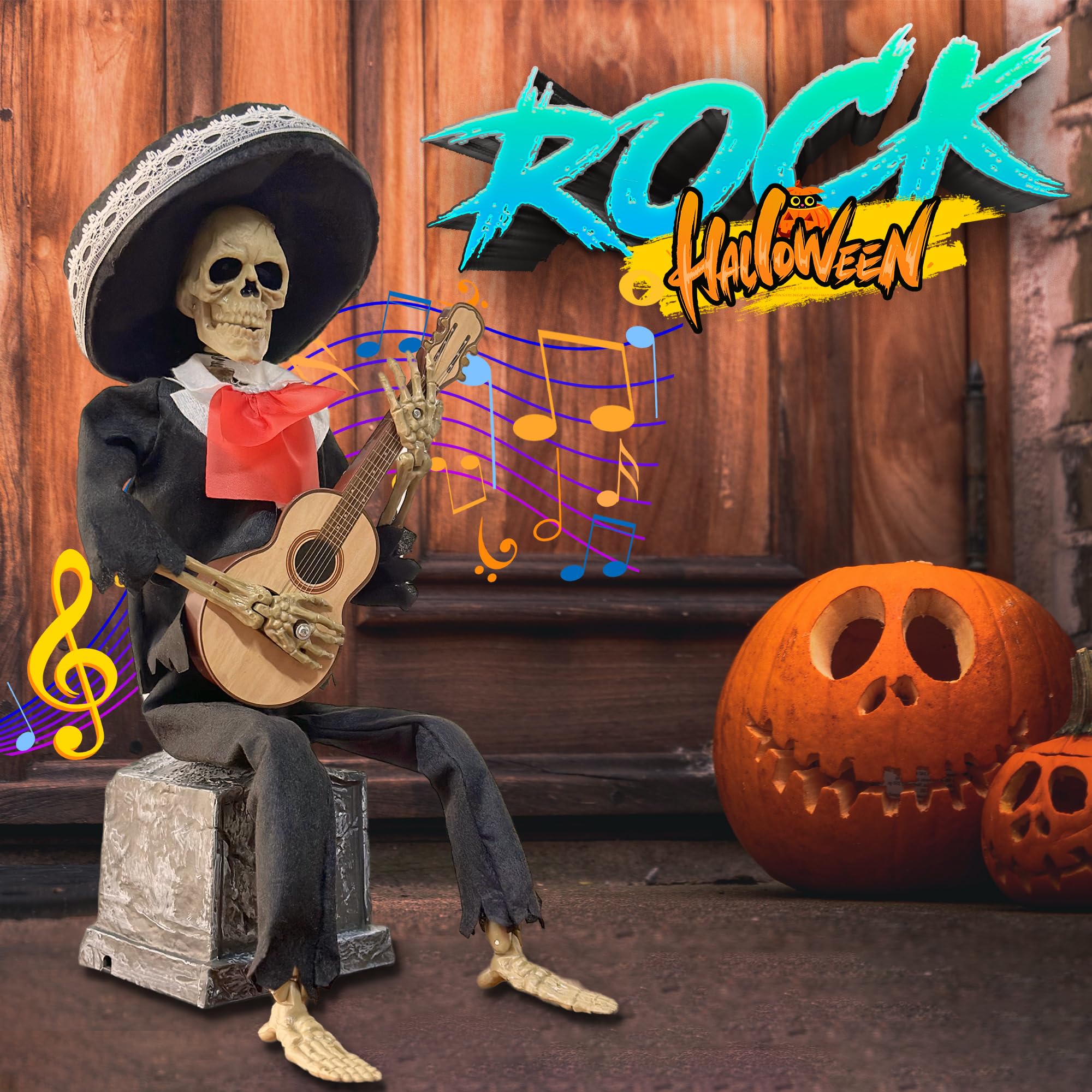 Halloween Skeleton Decorations Indoor, Creepy Halloween Decor Skeleton with Music, Movable Joints, Halloween Decoration Skeletons for Home, Party and Club 13 Inch - Guitarist