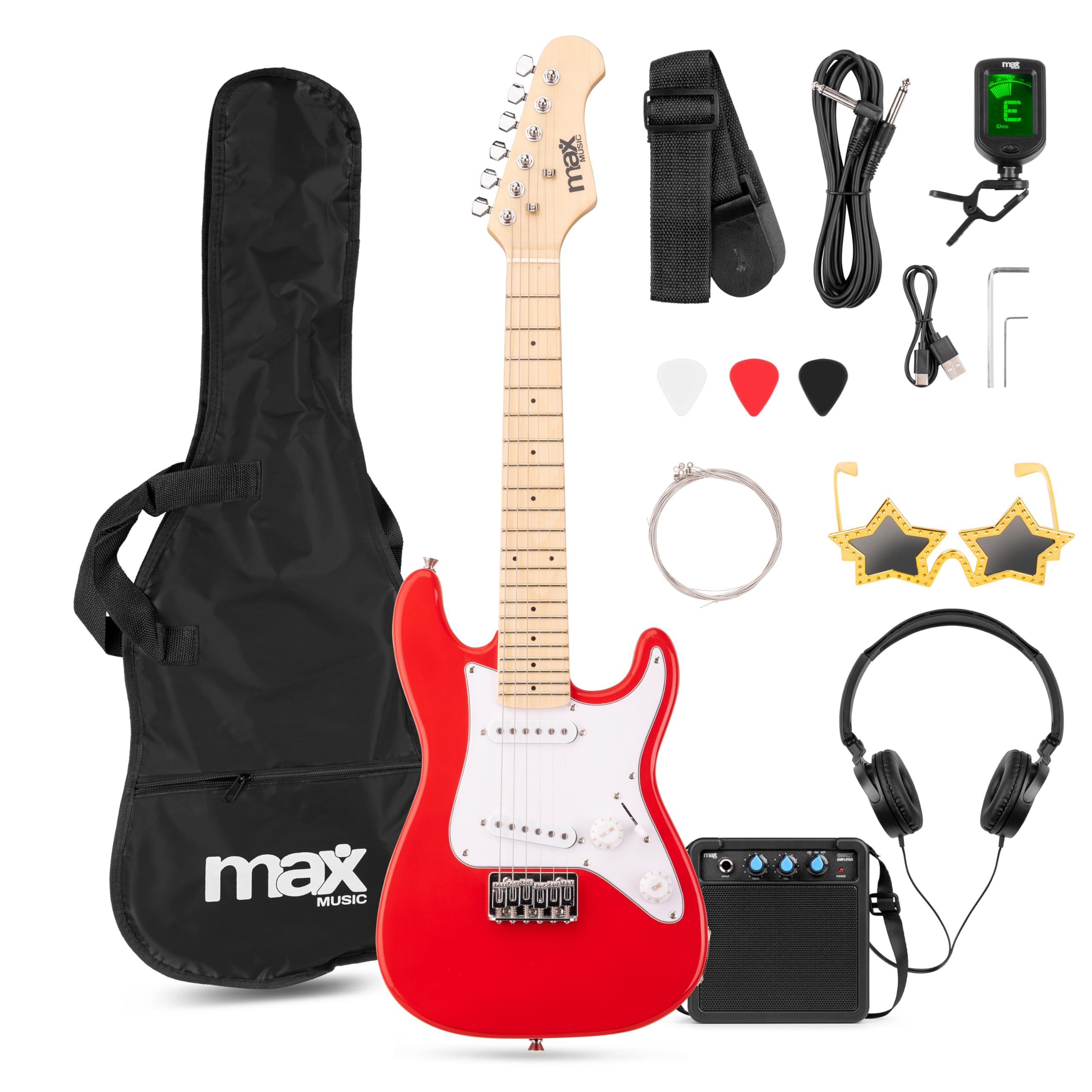 MAX GigKit Junior 1/4 - Guitarra eléctrica color rojo brillante | Tamaño 1/4 para usuarios de 3 a 7 años, amplificador de 10W incluido, incluye funda mochila, afinador y gafas Rock Star