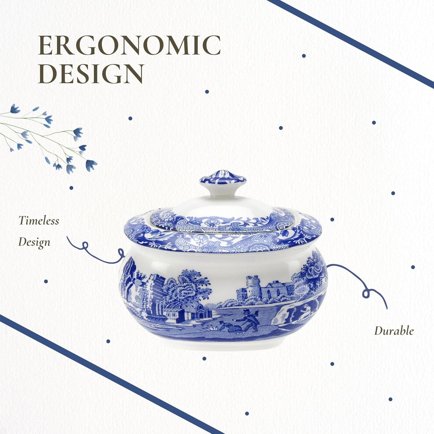 Spode Blue Italian Covered Sugar Bowl - 9oz Earthenware Dish, Vintage Inspired Featuring Scenic Countryside Artwork - Dishwasher, Microwave, Freezer Safe - Ideal for Afternoon Tea & Brunch