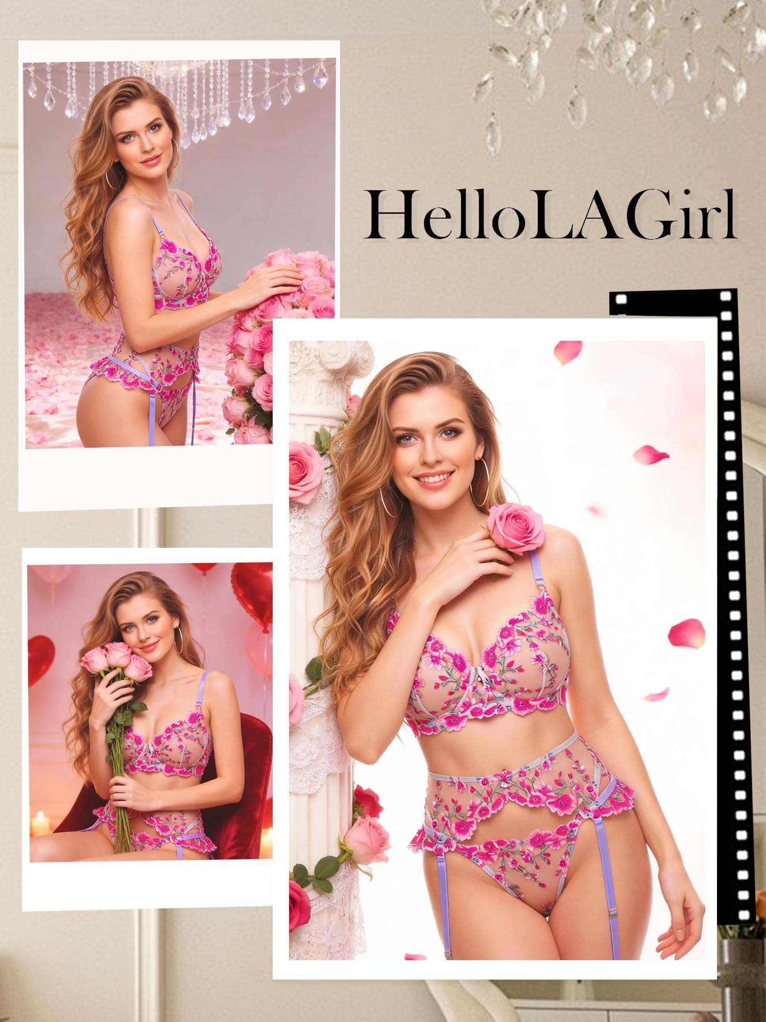 HELLOLAGIRL Sexy Lingerie Set for Women,Lace Womens Lingeries flower Teddy Lingerie 3 Piece with Garter Belt: Large Black-one