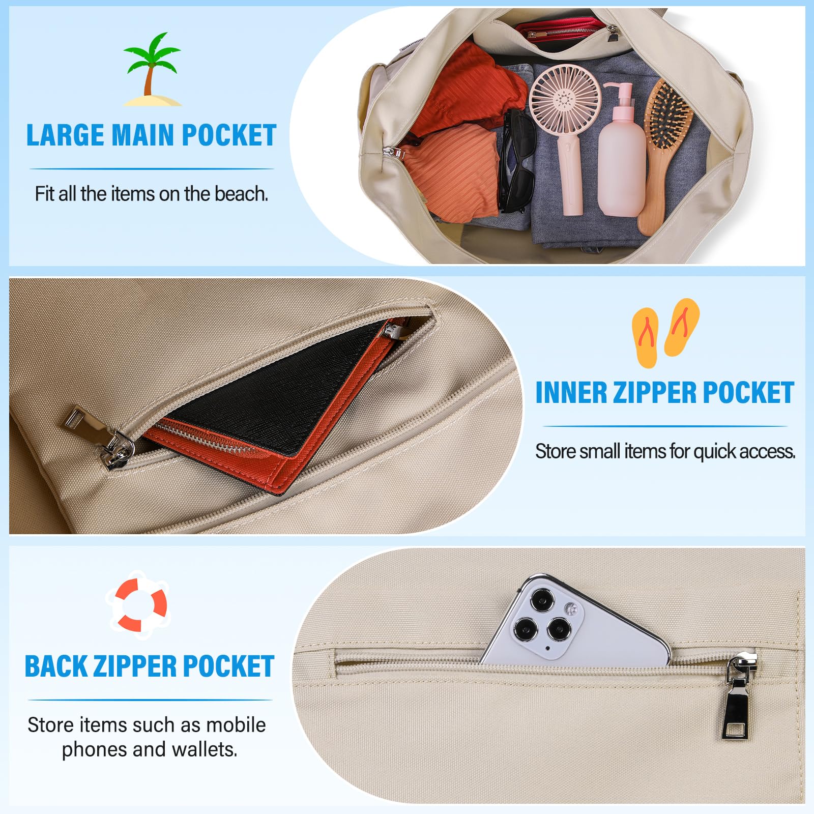 IGOLUMON Strandtasche XXL Familie Groß Badetasche mit Reißverschluss Wasserdicht 40L Vielseitiger Shopper Damen Tote Bag für Strand Pool Fitnessstudio Reisen Khaki