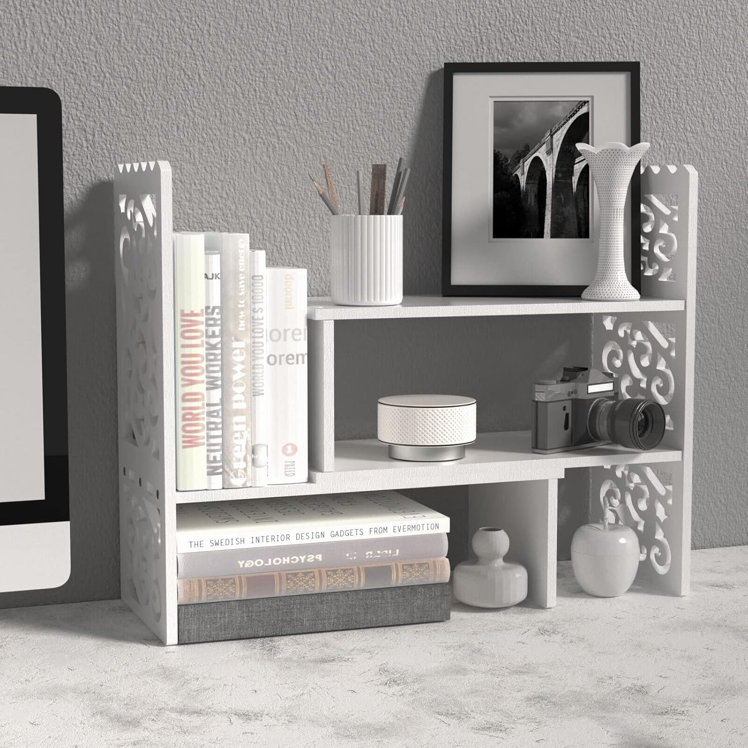 MASAKA B&W Desktop Organizers with Shelves for Office Desk, Adjustable WPC Display Shelf for Pen, Desktop Corner Organizer and Storage, Desk top Hutch for Dorm, Home Decor, Makeup Shelf, White