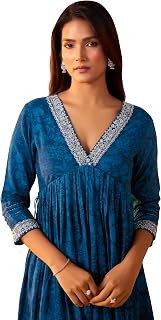 Arangya Embroidered Neckline Blue Kurta & Sequin Work Pant l Pure Cotton Flared Ethnic Wear Suit Set l Festival Price In India