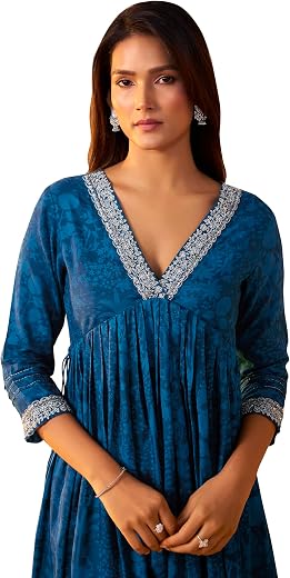 Arangya Embroidered Neckline Blue Kurta &amp; Sequin Work Pant l Pure Cotton Flared Ethnic Wear Suit Set l Festival