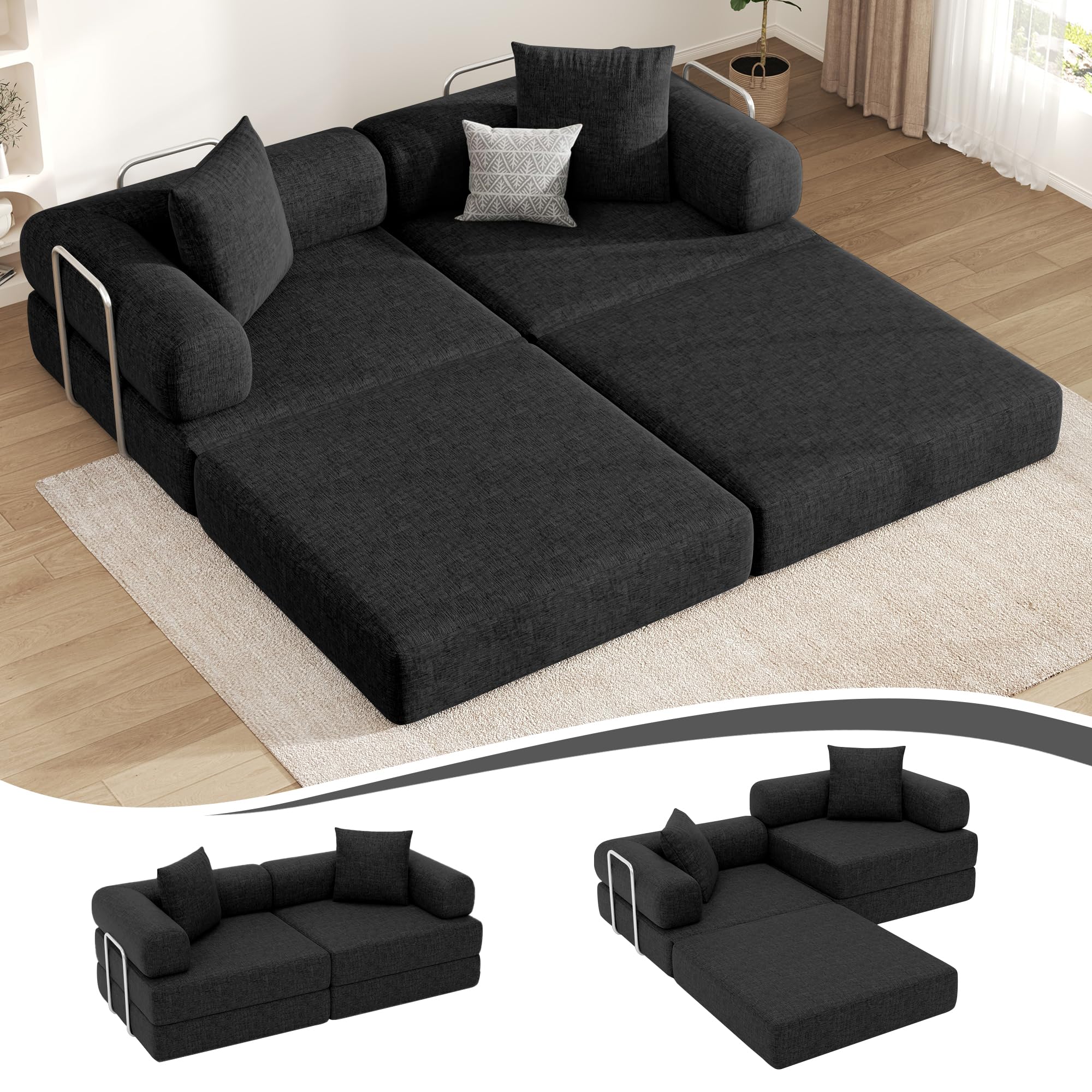 DURASPACE 78.4'' Convertible Sleeper Sofa Bed, Floor Folding Mattress Couch with Fixed-Shape Frame, Comfy Fold Out Futon, Boneless Modular Loveseat for Living Room (Chenille Black) Black 78.4'' Loveseat