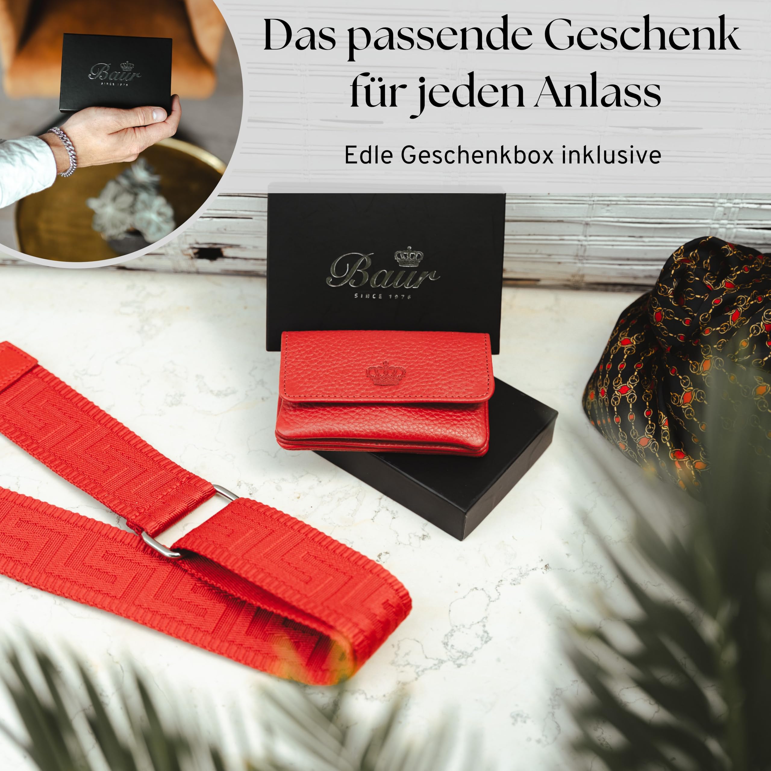 Baur Étui à clés Femme en Cuir véritable – Porte-clés avec Anneau métallique et Fermeture à Pression – Petit Porte-Monnaie zippé pour Billets, pièces et Cartes (Rouge)