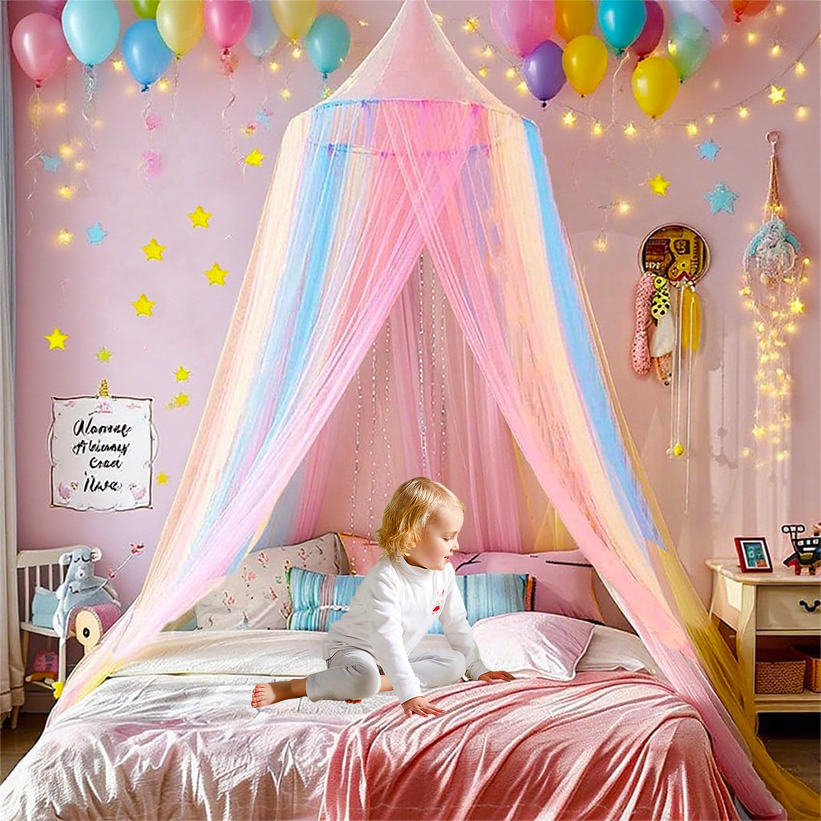 Rainbow Bed Canopy,X-Large Princess Rainbow Canopy Hanging Netting for Girls Bedroom Decor Fairy Dream Play Tent for Room,Reading Corner
