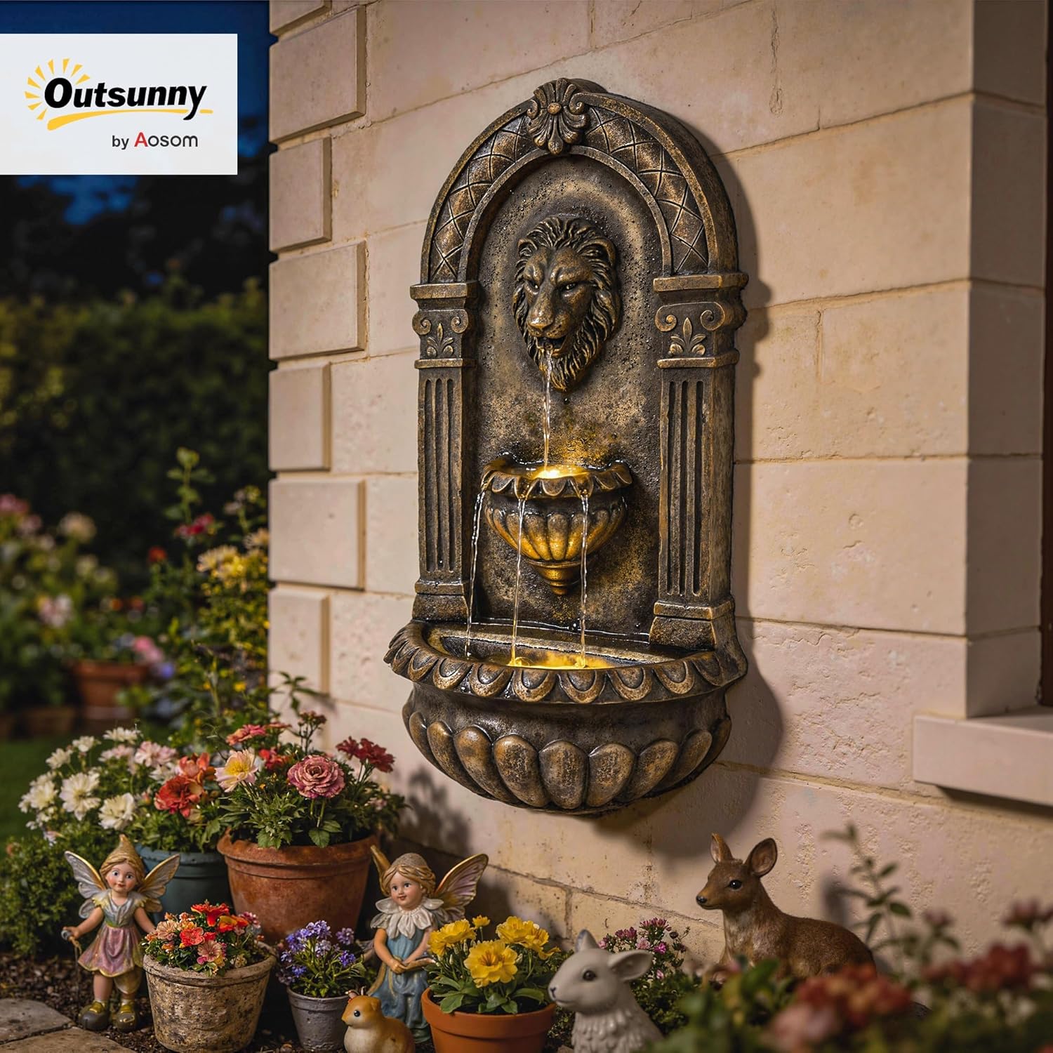 Outsunny 31" Wall-Mounted Outdoor Fountain, 3-Tier Cascading Water Feature with LED Lights and Adjustable Flow, Resin Garden Fountain for Patio Backyard, Bronze