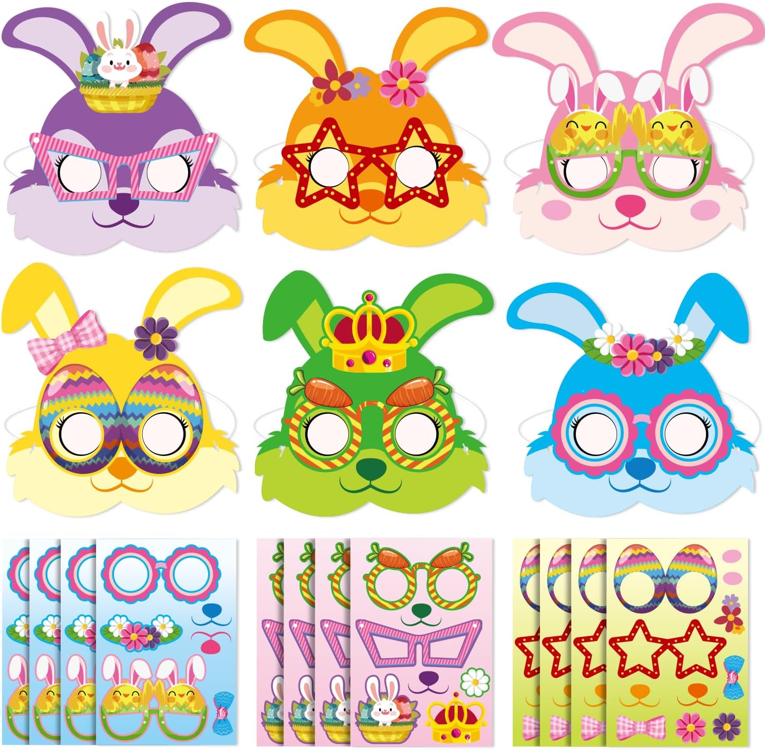 Easter Bunny Mask Craft Kit, 24 Packs DIY Paper Bunny Masks with Stickers for Easter Party, Classroom Activities, Spring Crafts, and Family Fun