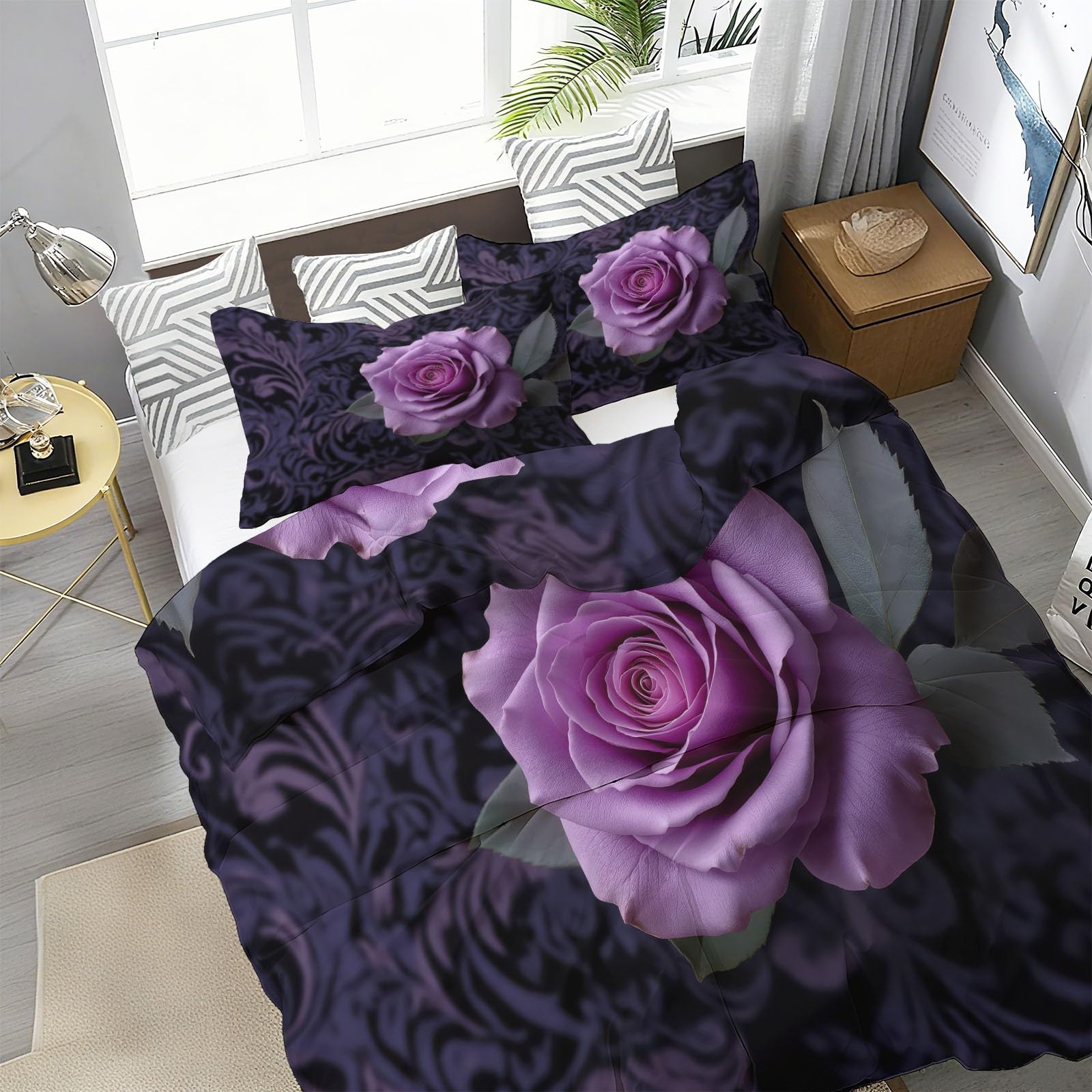 Liliowa ekskluzywna poszewka na kołdrę z wzorem Romance Purple Rose 200 x 200 cm z 2 poszewkami na poduszkę 80 x 80 cm, do sypialni rodziców