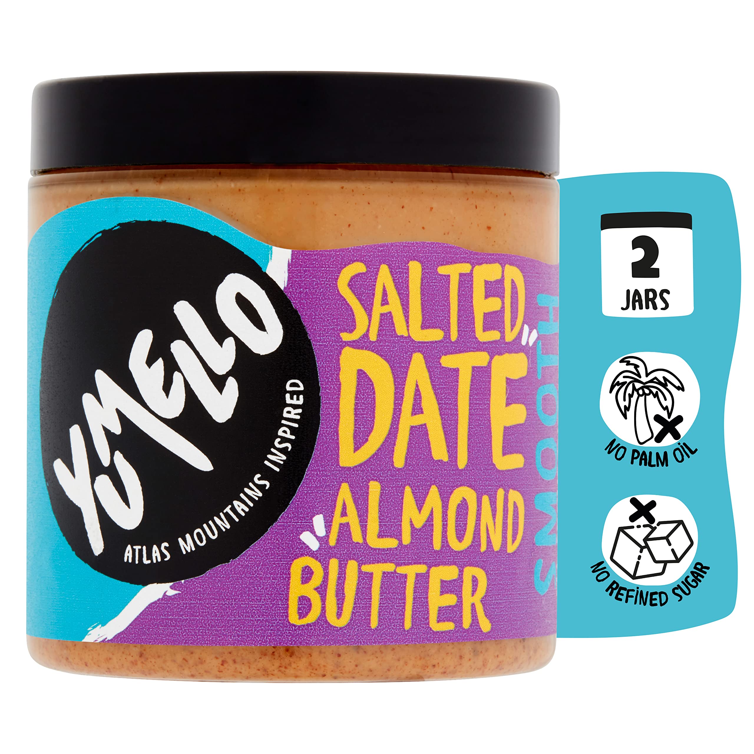 Yumello Smooth Salted Date Almond Butter (2 x 230g Jars) - No Palm Oil, No Refined Sugar, Dairy Free, Vegan Friendly