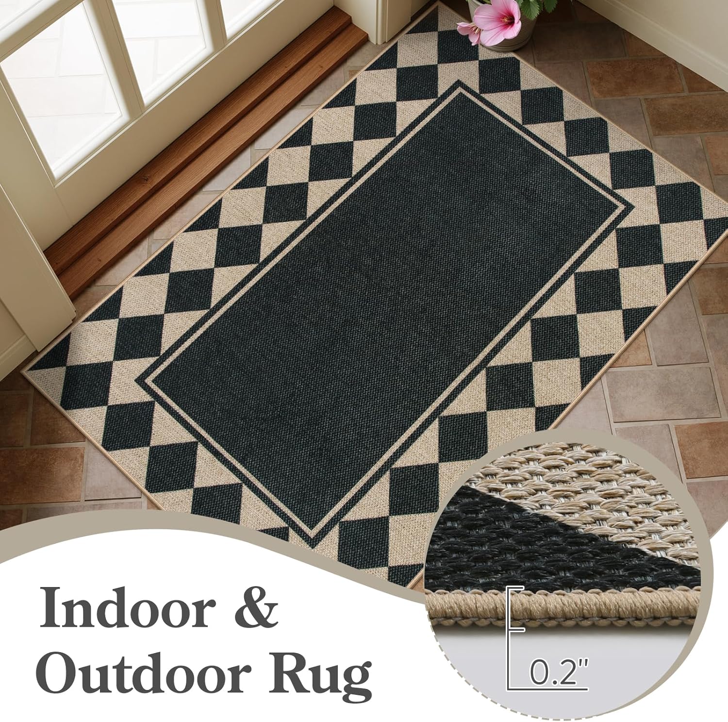 Moynesa Checkered Easy Jute Outdoor Patio Rug 3x5, Washable Indoor Outdoor Rugs for Entryway Non Slip, Farmhouse Carpet for Living Room Bedroom Kitchen Backyard Porches, Black Grid Pattern - Image 6