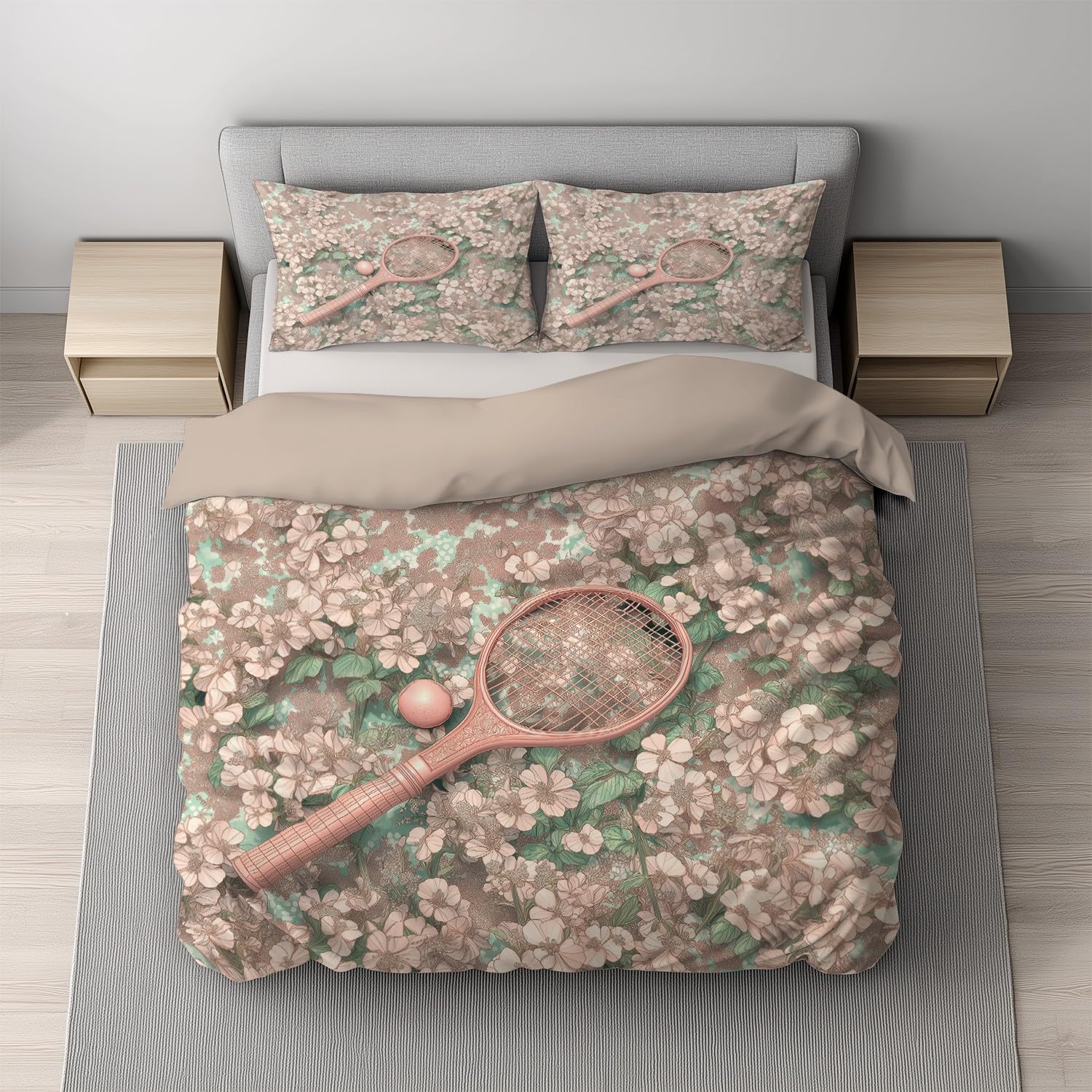 Miękka pościel King Size 229 x 221 cm – różowo-zielone kwiaty vintage rakieta tenisowa poszewka na kołdrę, dwustronna poszewka na kołdrę i 2 poszewki na poduszki, ultramiękki i oddychający zestaw