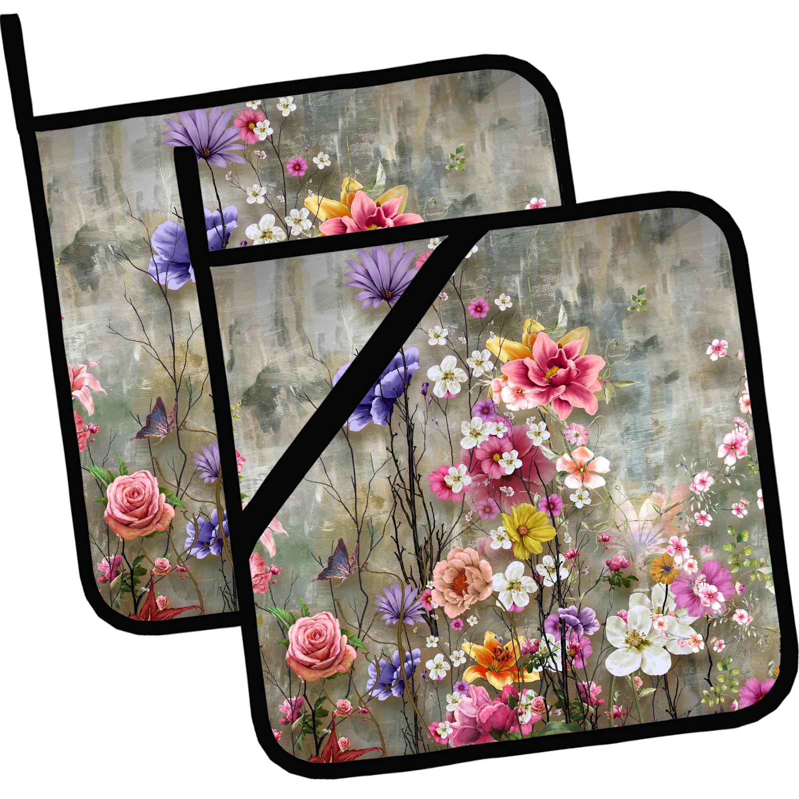 Vintage Watercolor Rose Flowers Pot Holders Set of 2,Kitchen Heat Resistant Potholder for Microwave Cooking Baking Oven and BBQ
